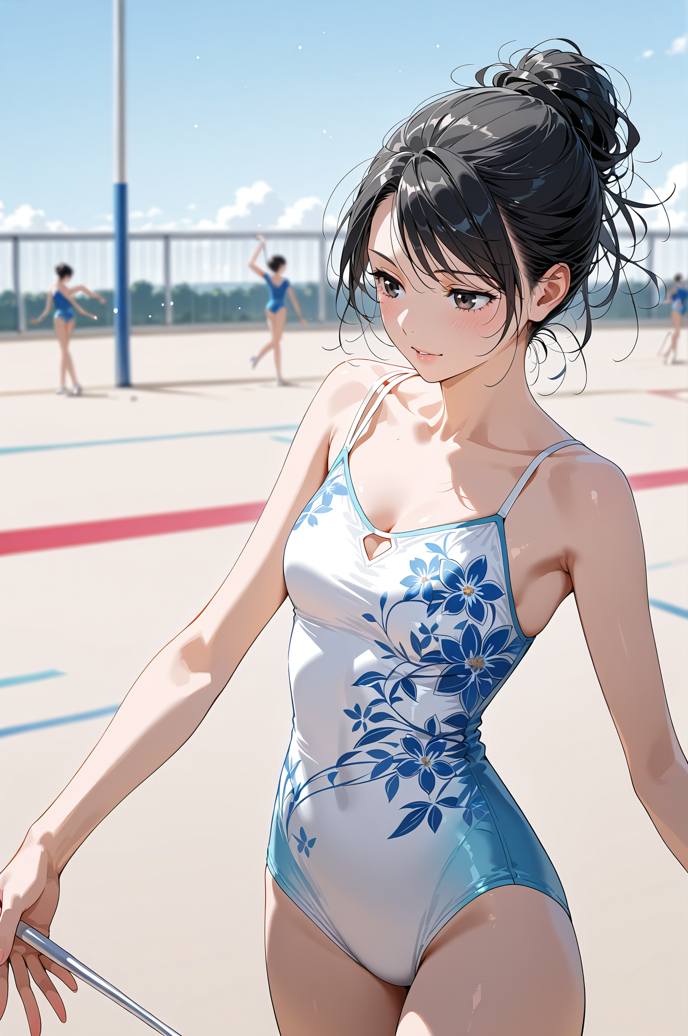 ビーチバレーコート 青い花柄水着の少女 #美少女 #水着 #屋外