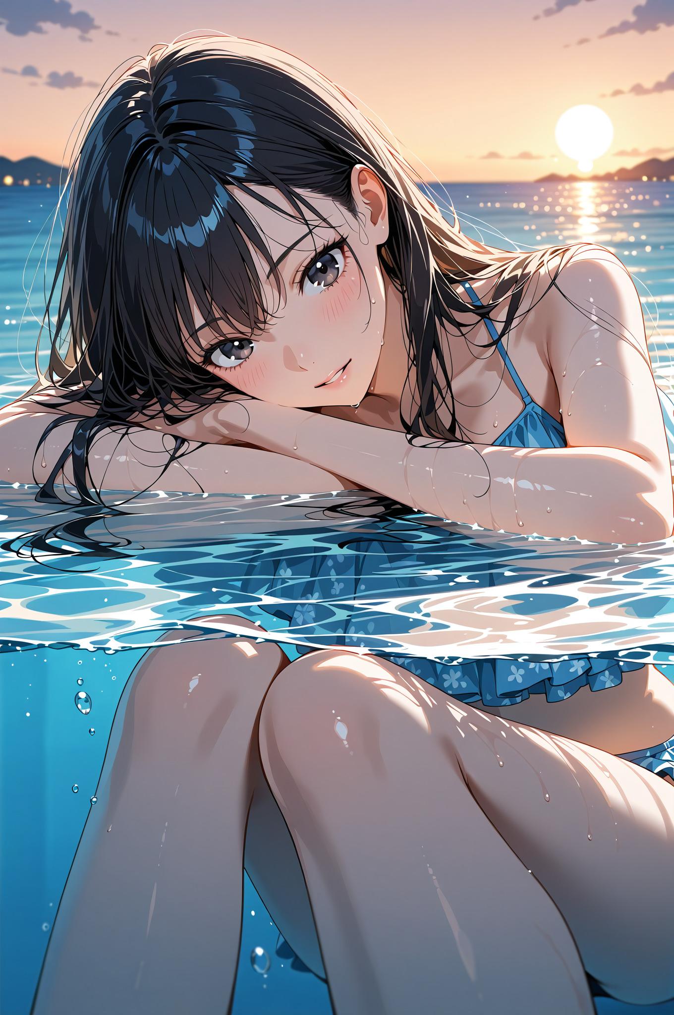 夕焼けプールで遊ぶ黒髪の少女 #水着 #プール #夏