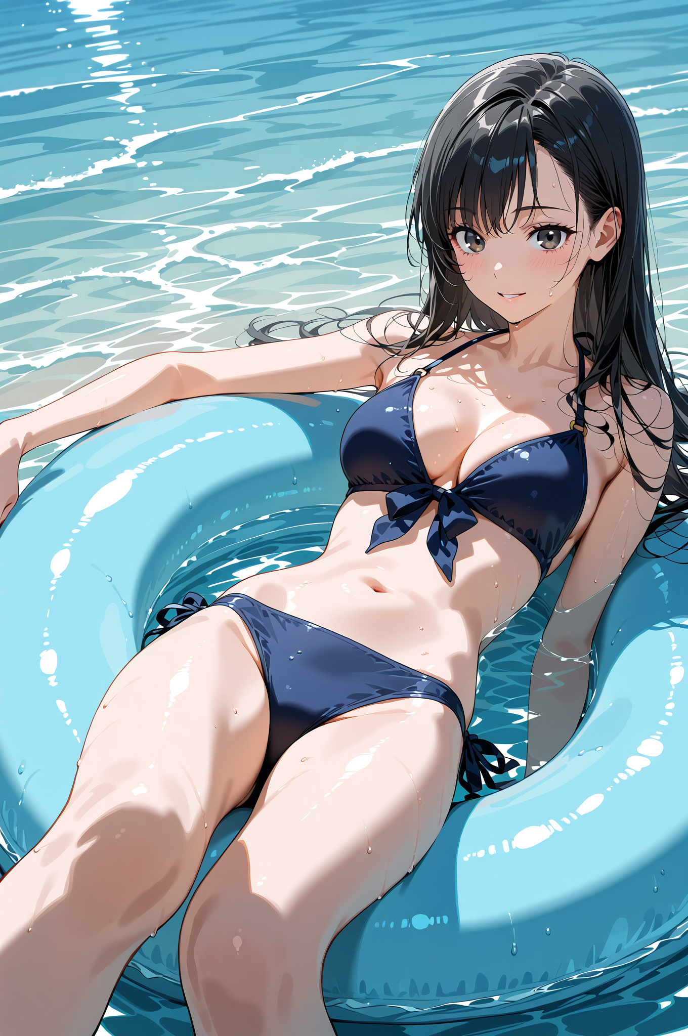 紺色水着で浮き輪に浮かぶ笑顔の少女 #美少女 #水着 #夏