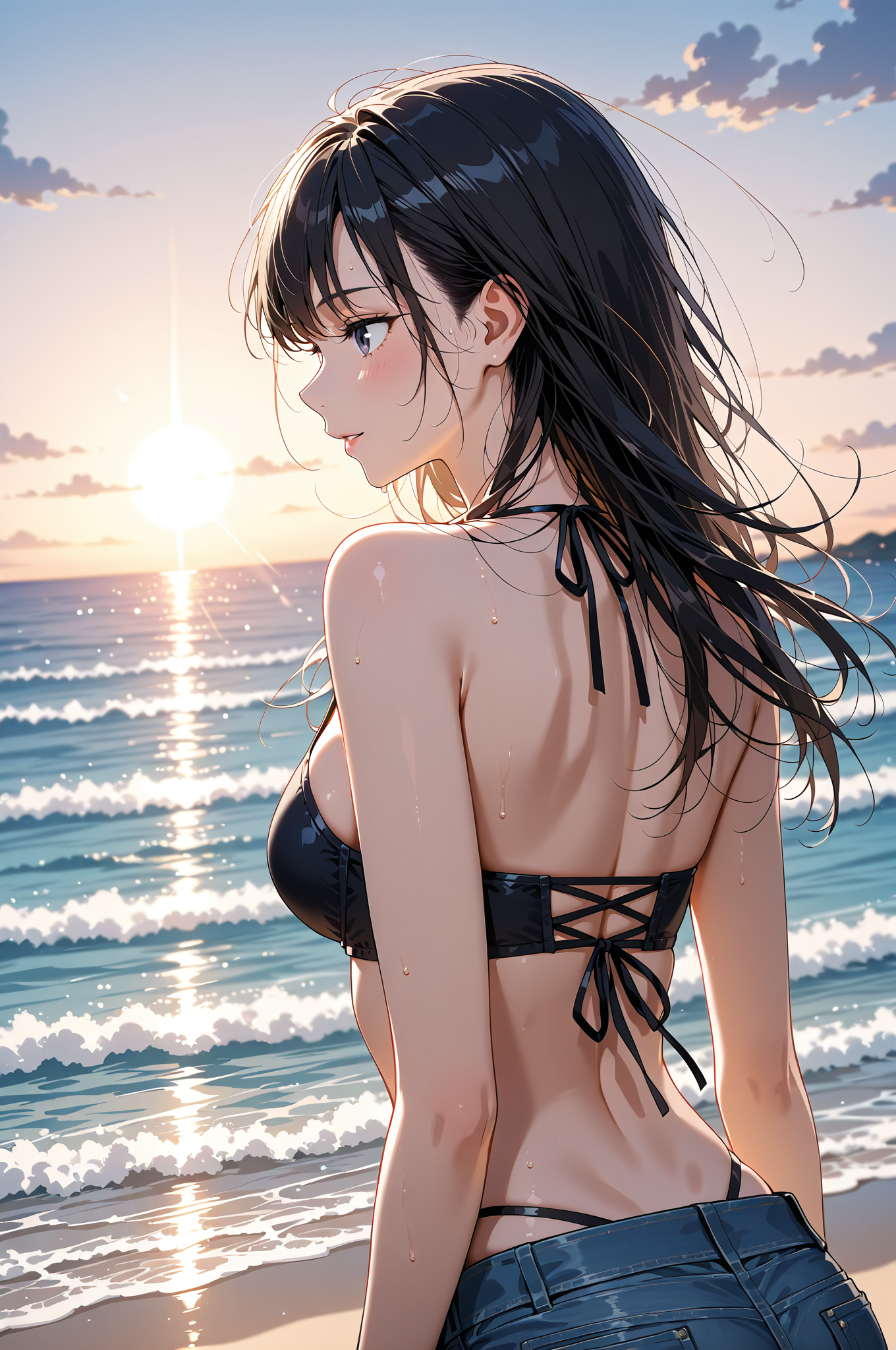 夕焼けの海を背に立つ黒髪の少女 #美少女 #アニメ #屋外