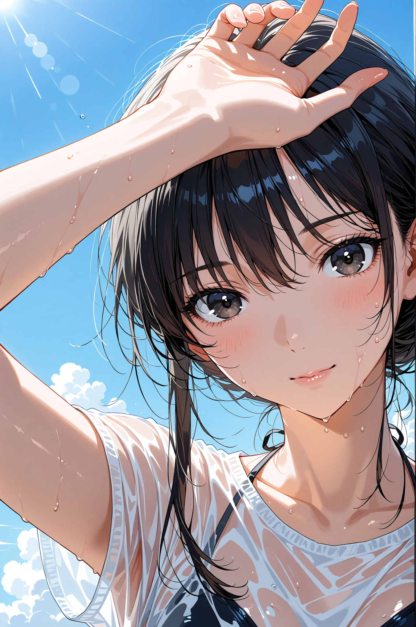 青空と水滴、爽やかな表情のアニメ調イラスト #アニメ調 #美少女 #空