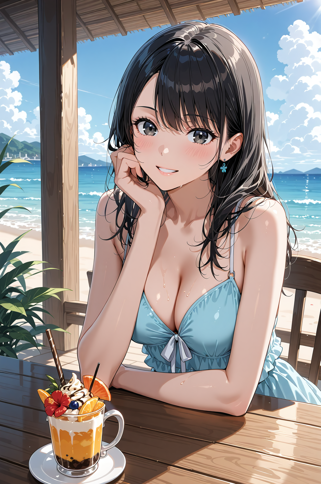 海辺のカフェでくつろぐアニメ調美少女 #美少女 #アニメ調 #かわいい