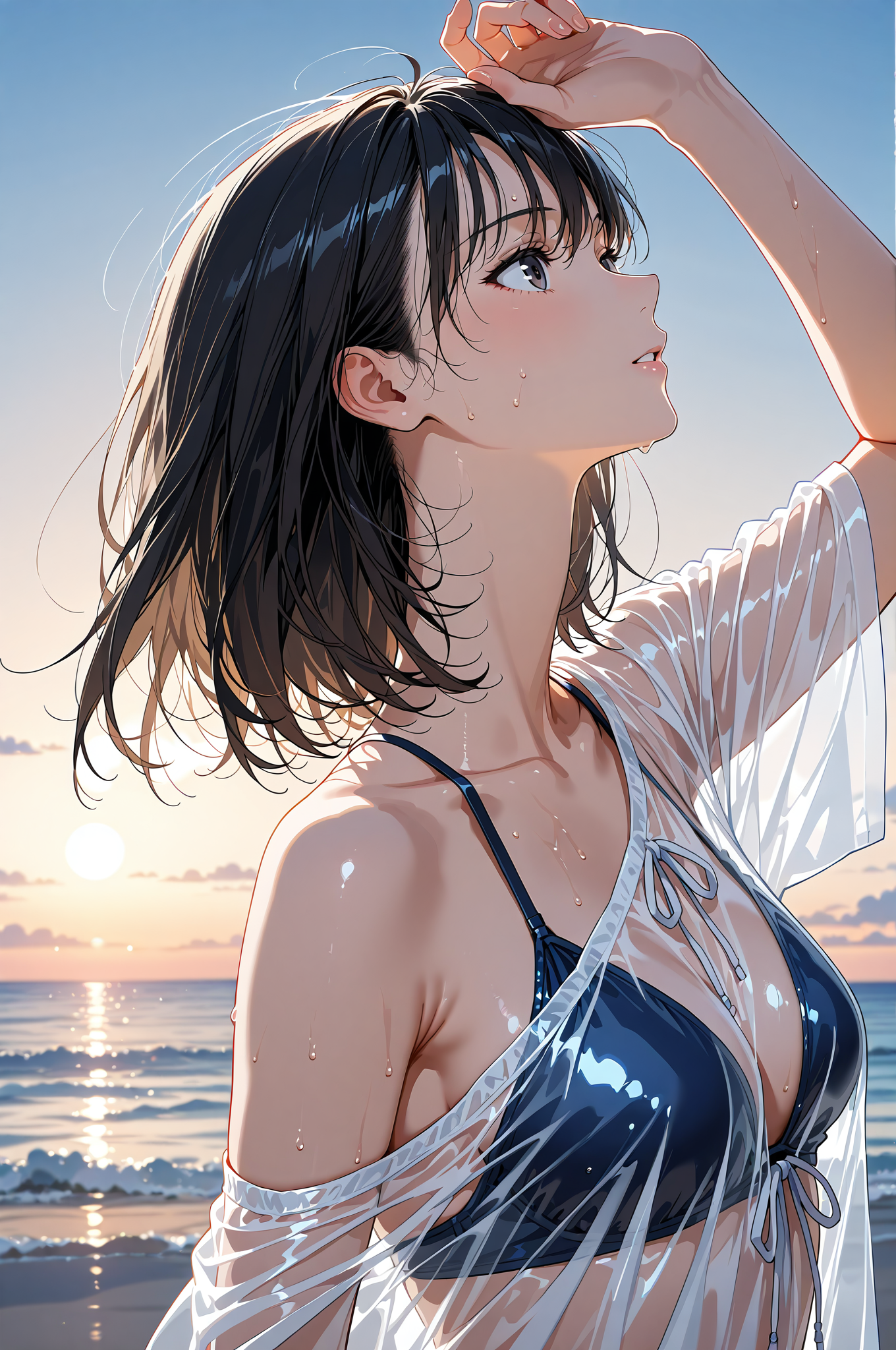 海辺で髪をなびかせる黒髪美少女のポートレート #美少女 #アニメ調 #空