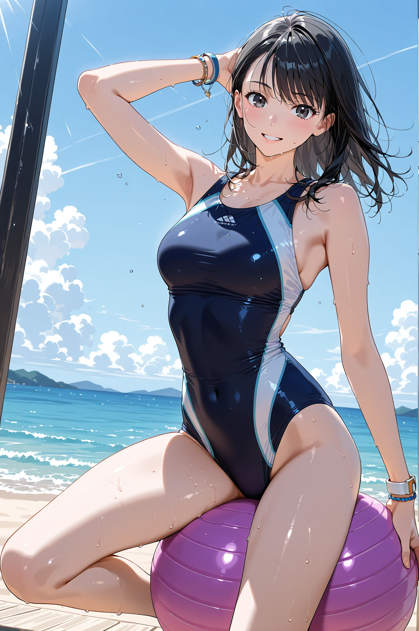 青い海辺でポーズする水着姿の少女 #美少女 #水着 #屋外