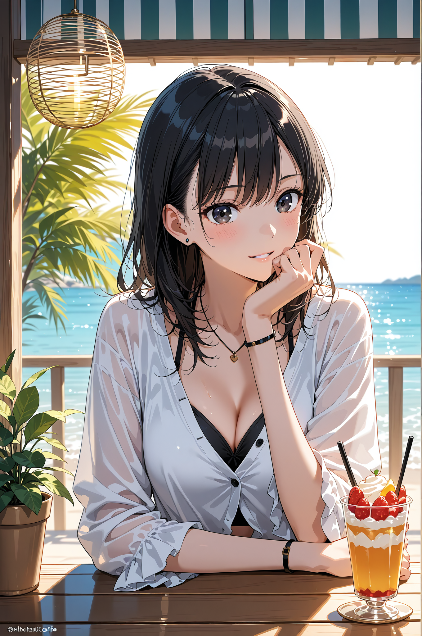 海辺のテラスでリラックス、グラスを片手に笑顔の少女 #美少女 #アニメ調 #笑顔