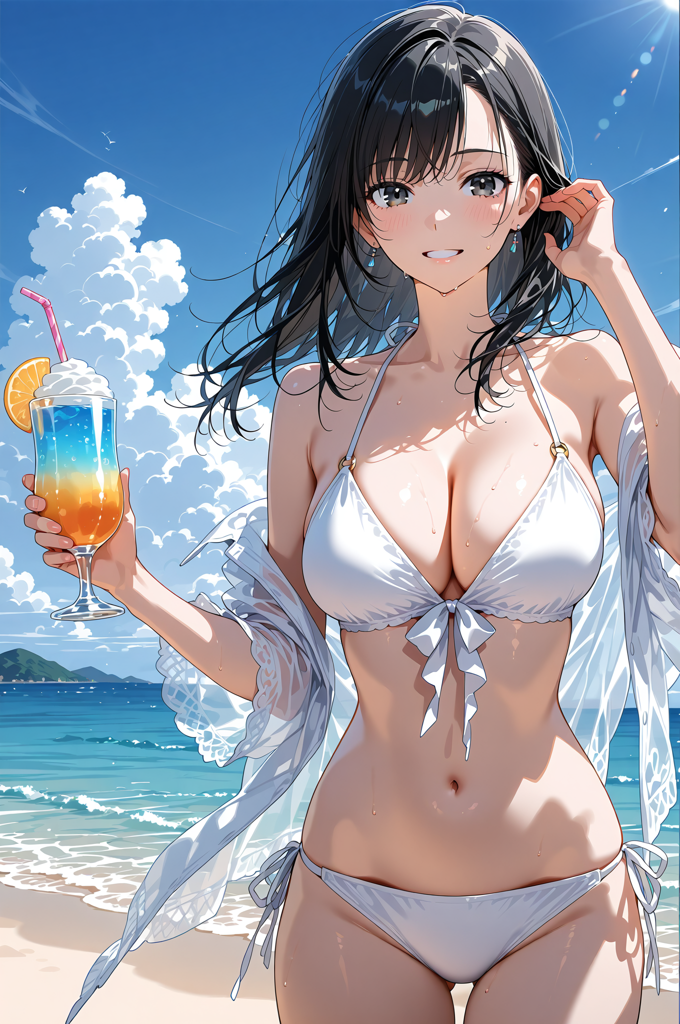 海辺でカクテルを持つアニメ調の女性 #美少女 #アニメ調 #かわいい