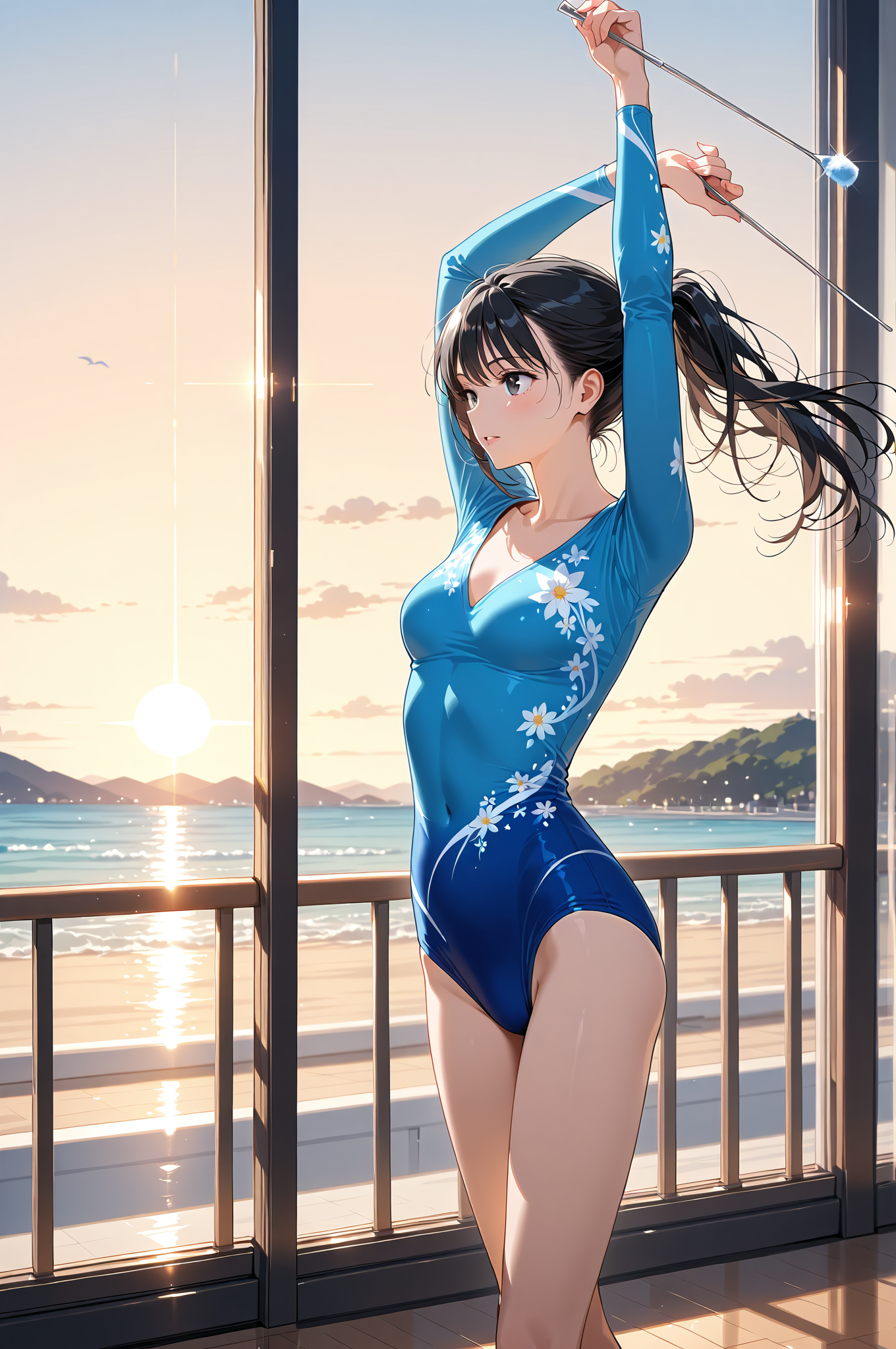 海辺のテラスで窓ふきをする少女 #美少女 #屋外 #晴天