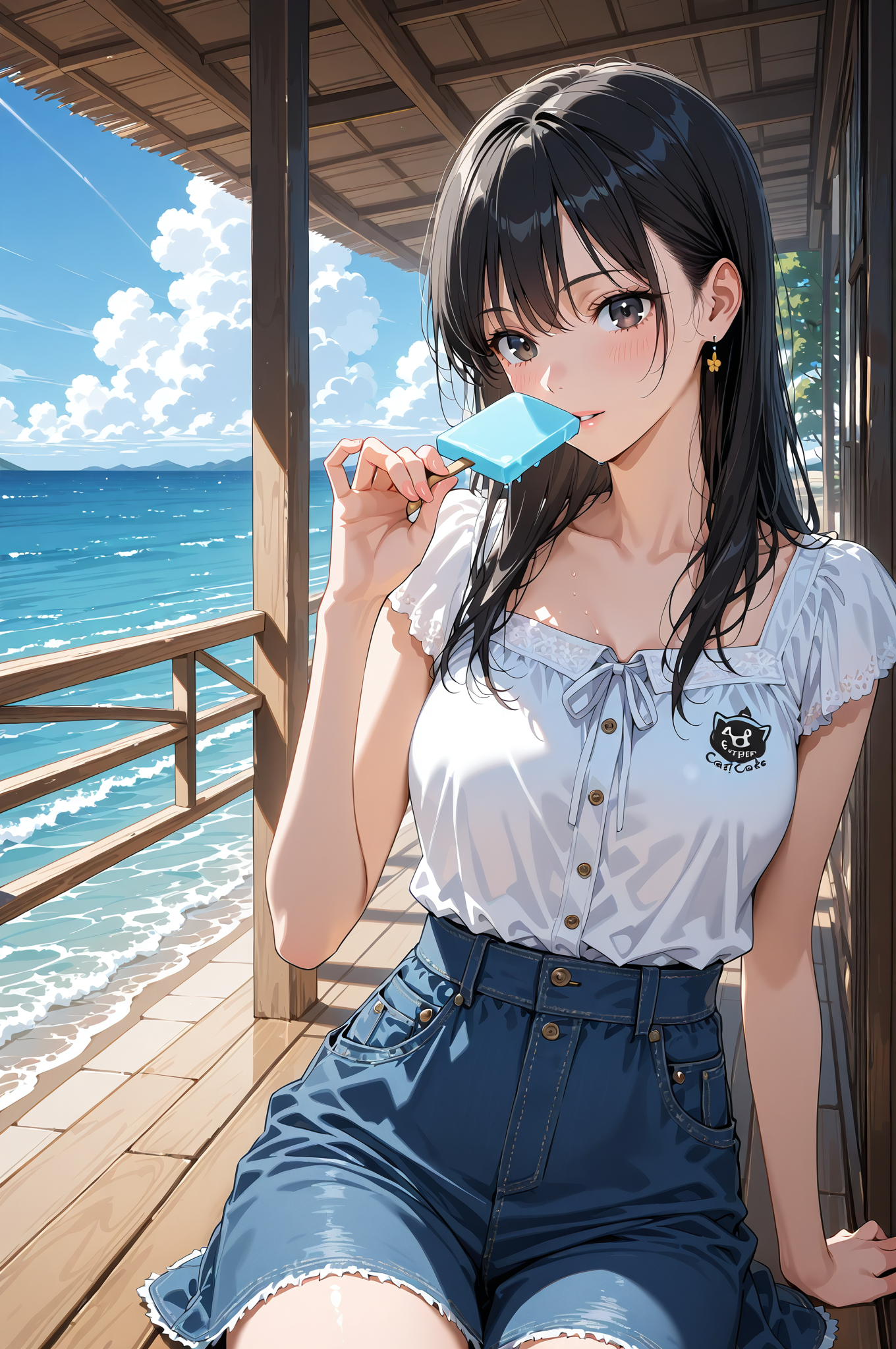 海辺のテラスで笑顔のポートレート #美少女 #アニメ調 #屋外