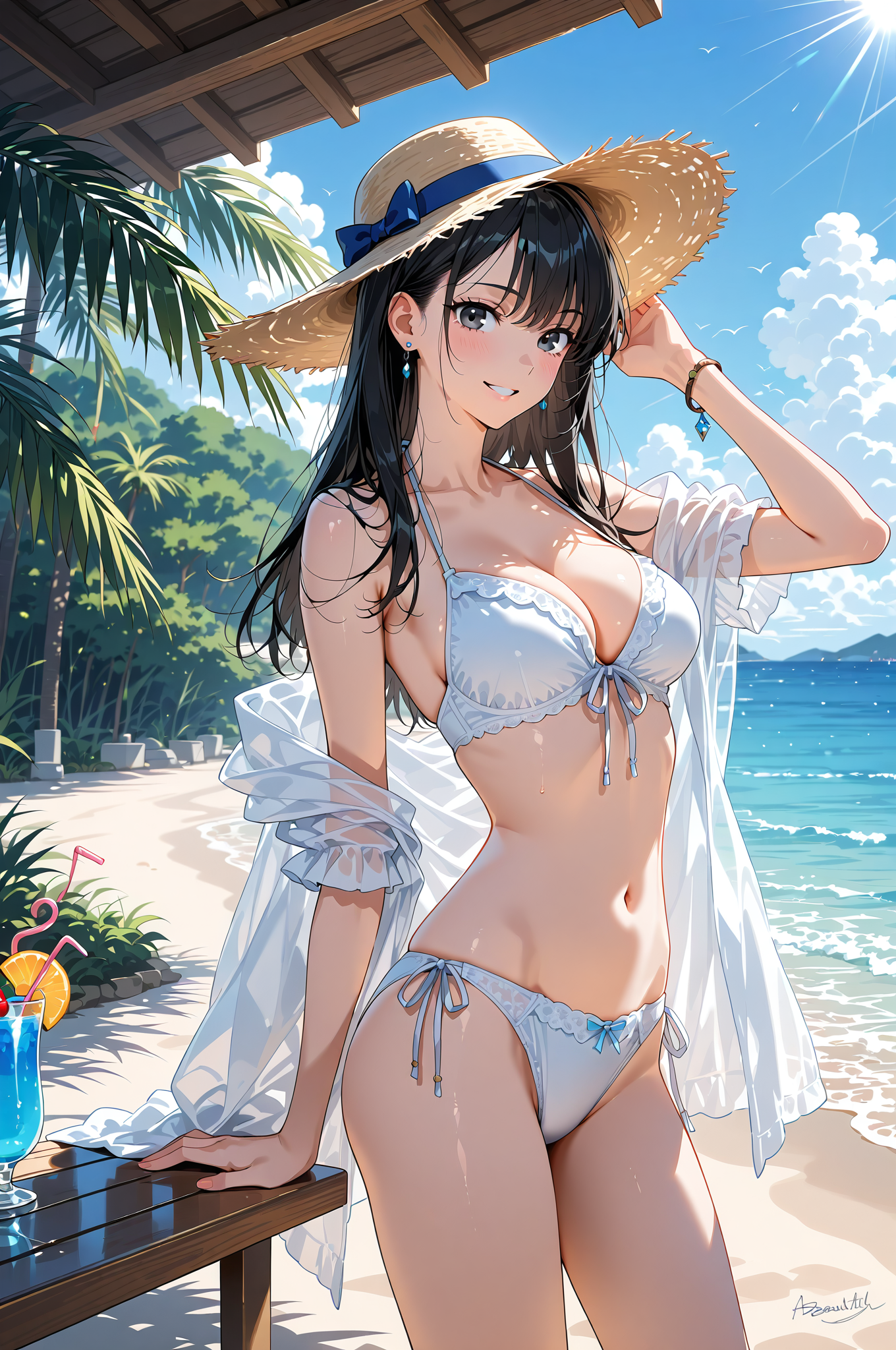 真夏のビーチでリラックス、麦わら帽子の美少女 #美少女 #水着 #ビキニ
