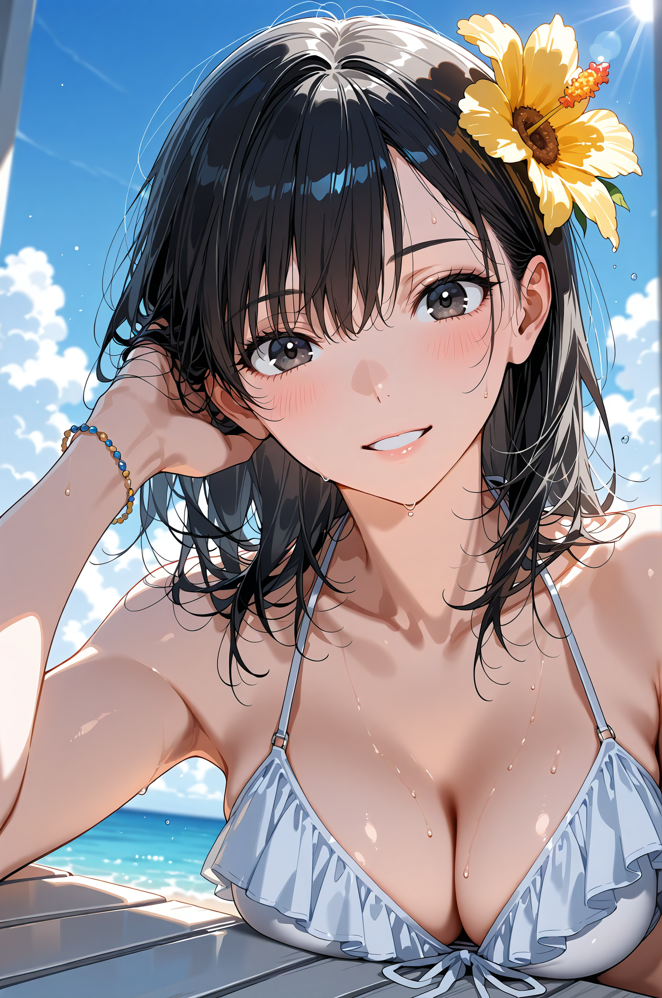 黒髪ショートヘアと向日葵、青空の春の日差し #美少女 #花 #アニメ調
