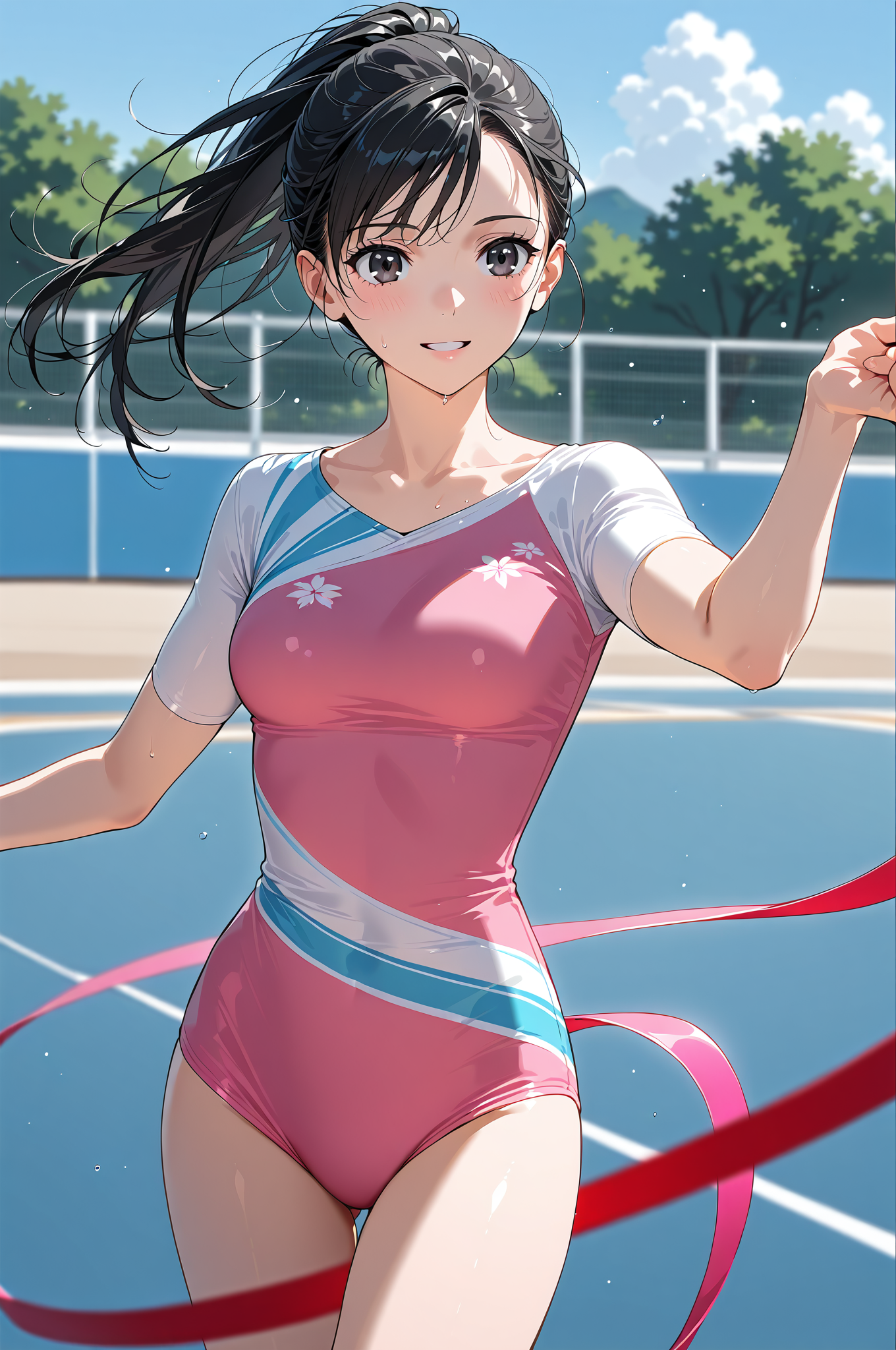 テニスコート背景のアニメ調ポートレート