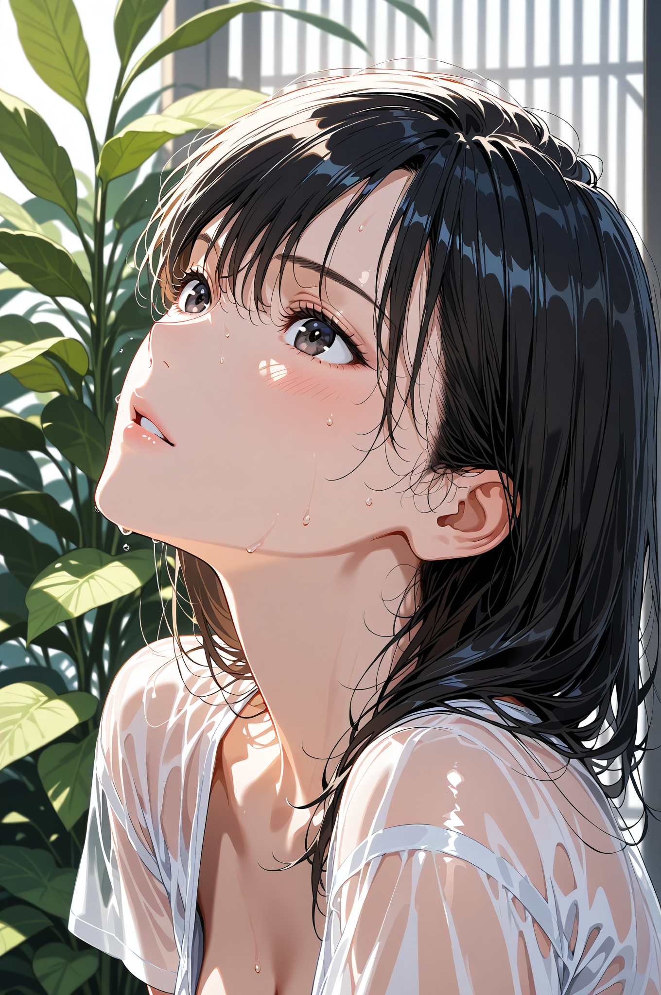観葉植物に囲まれた清楚なポートレート #美少女 #アニメ調 #笑顔
