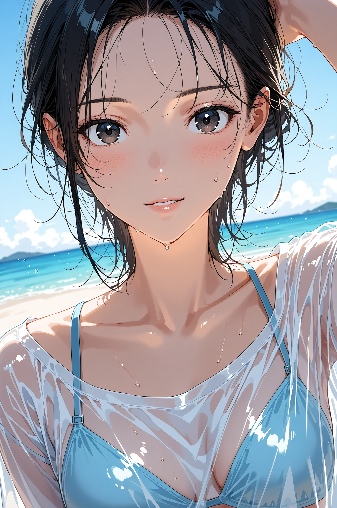 濡れた黒髪と青い海、夏の浜辺ポートレート #美少女 #アニメ調 #かわいい