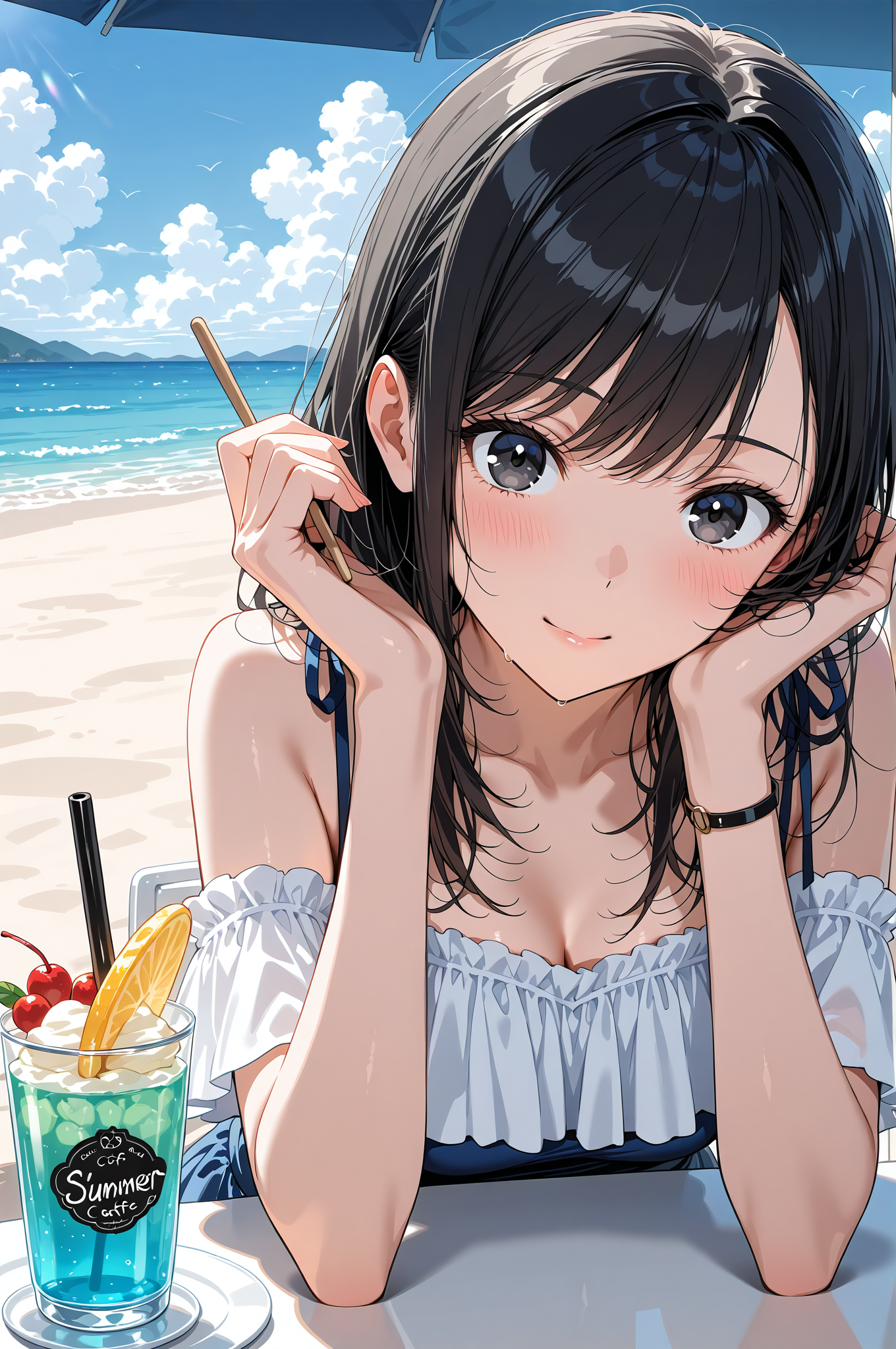ビーチで爽やかドリンクを手に #アニメ調 #美少女 #かわいい