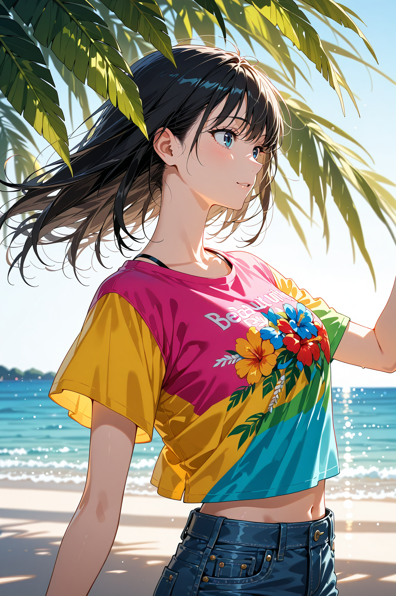 海辺で微笑む、カラフルなTシャツの少女 #美少女 #アニメ調 #笑顔