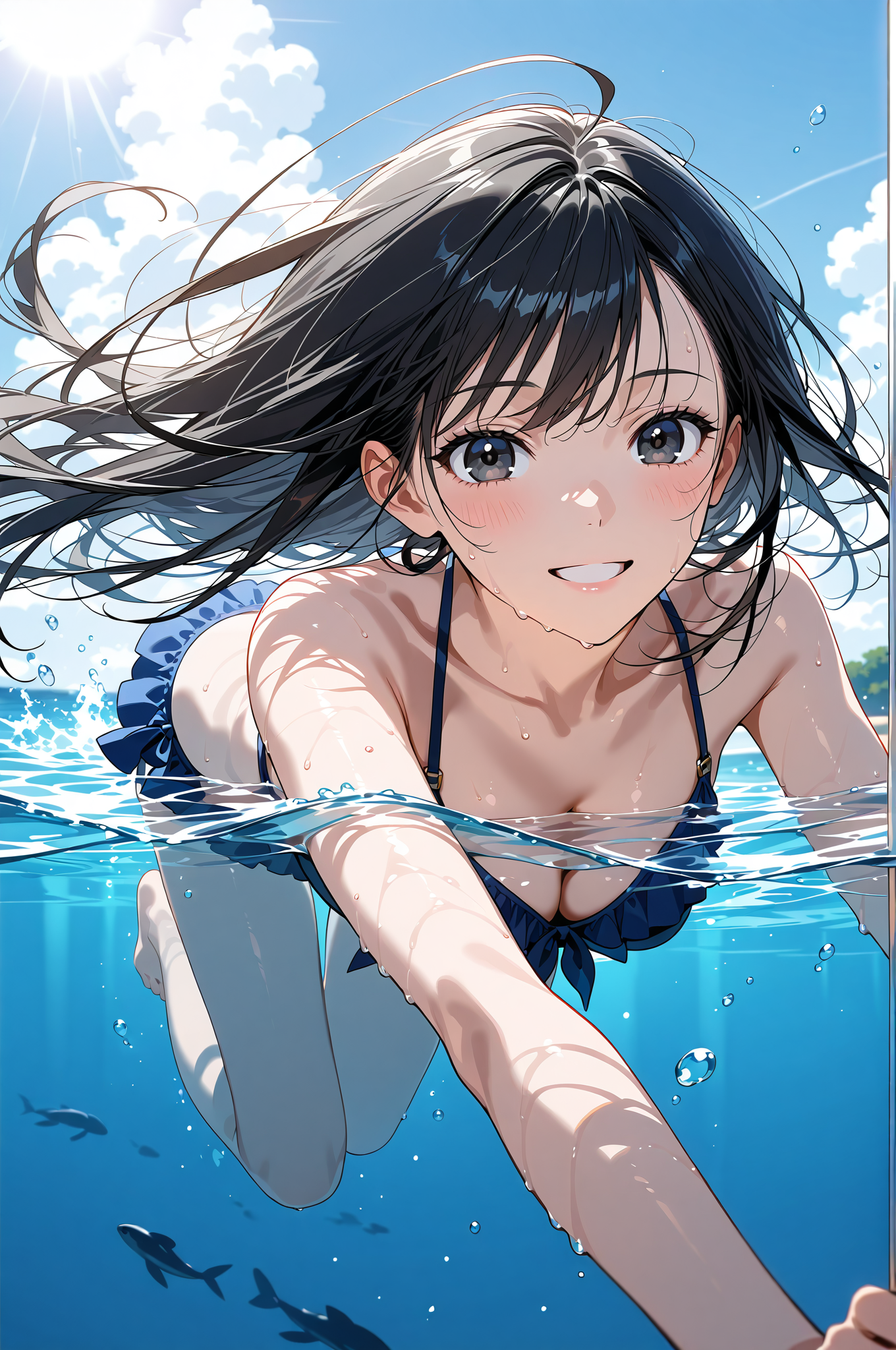 海で遊ぶ黒髪少女のアニメ調ポートレート #美少女 #アニメ調 #CGアート
