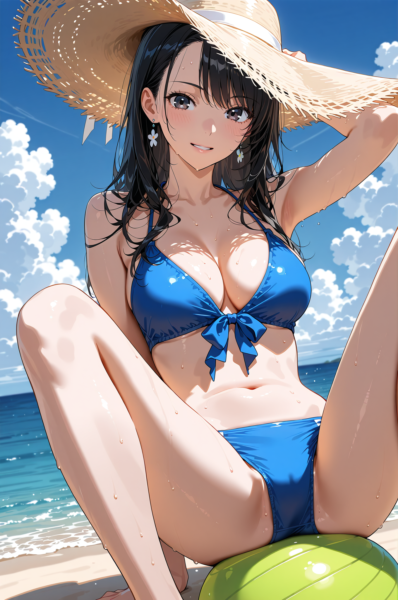 夏空の下、麦わら帽子とビキニ姿のアニメ美少女ポートレート #水着 #ビキニ #夏