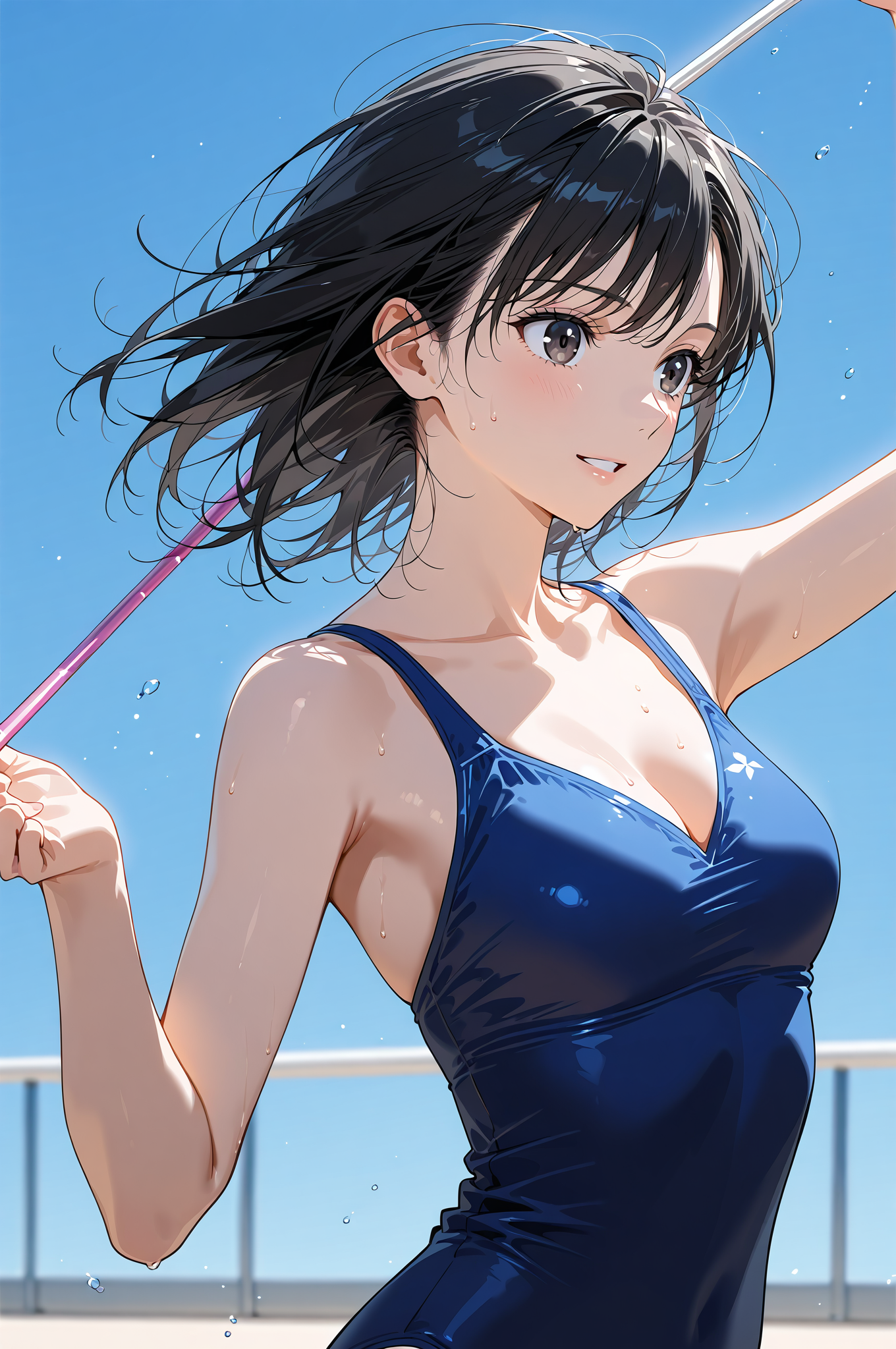 青空の下、釣り竿を持つ黒髪の少女 #空 #屋外 #青空