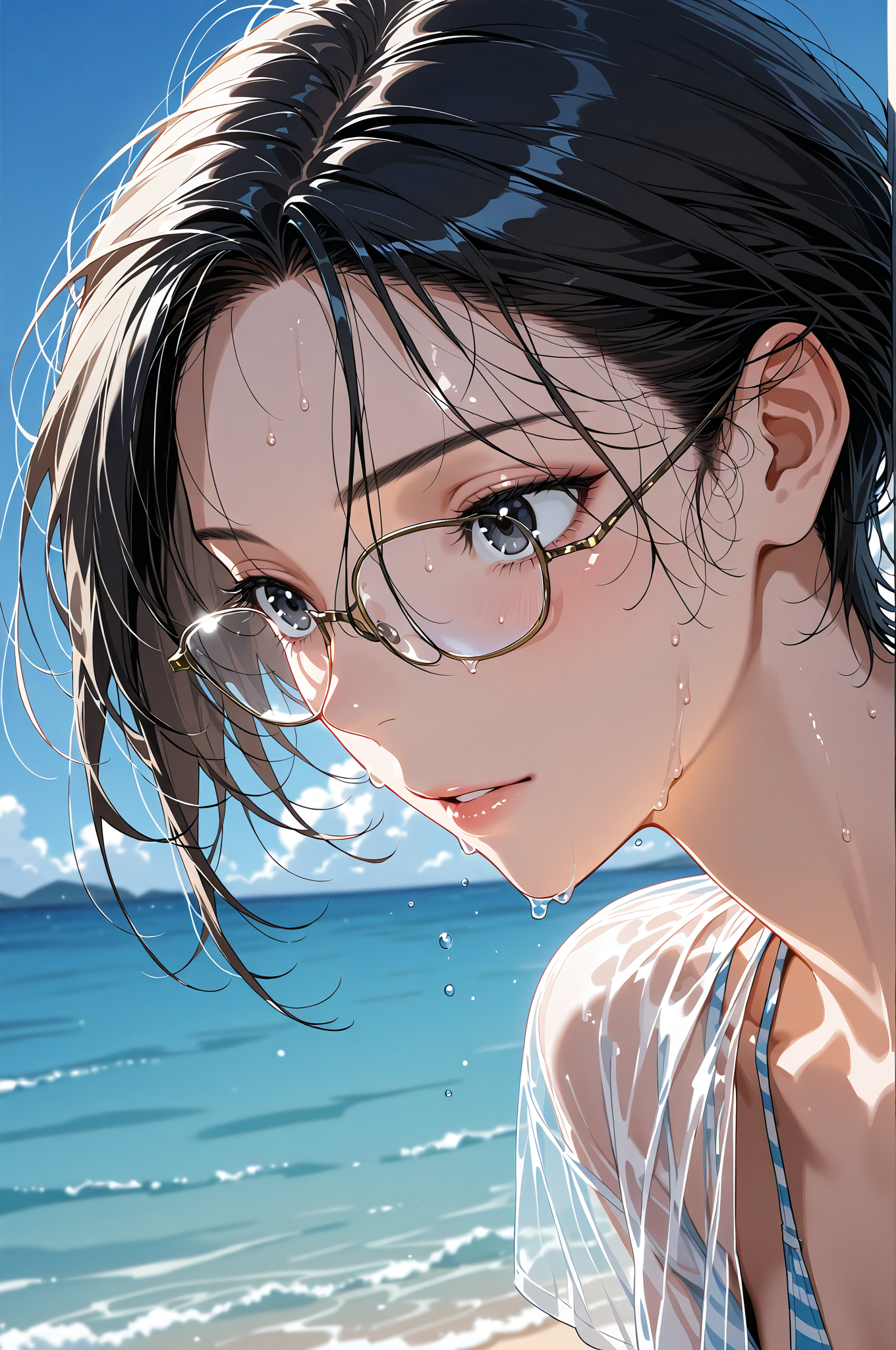 眼鏡の少女、海辺の笑顔 #美少女 #アニメ調 #空