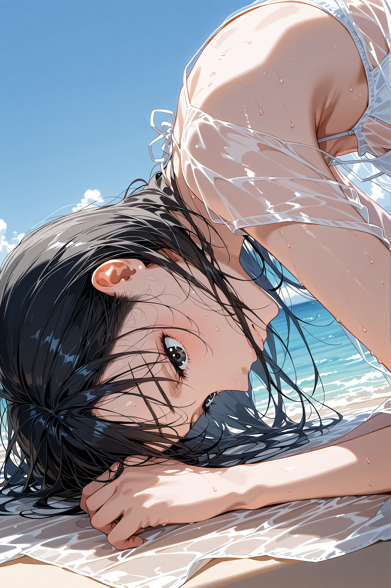 晴れた海岸での休息、黒髪の美少女 #空 #屋外 #背景