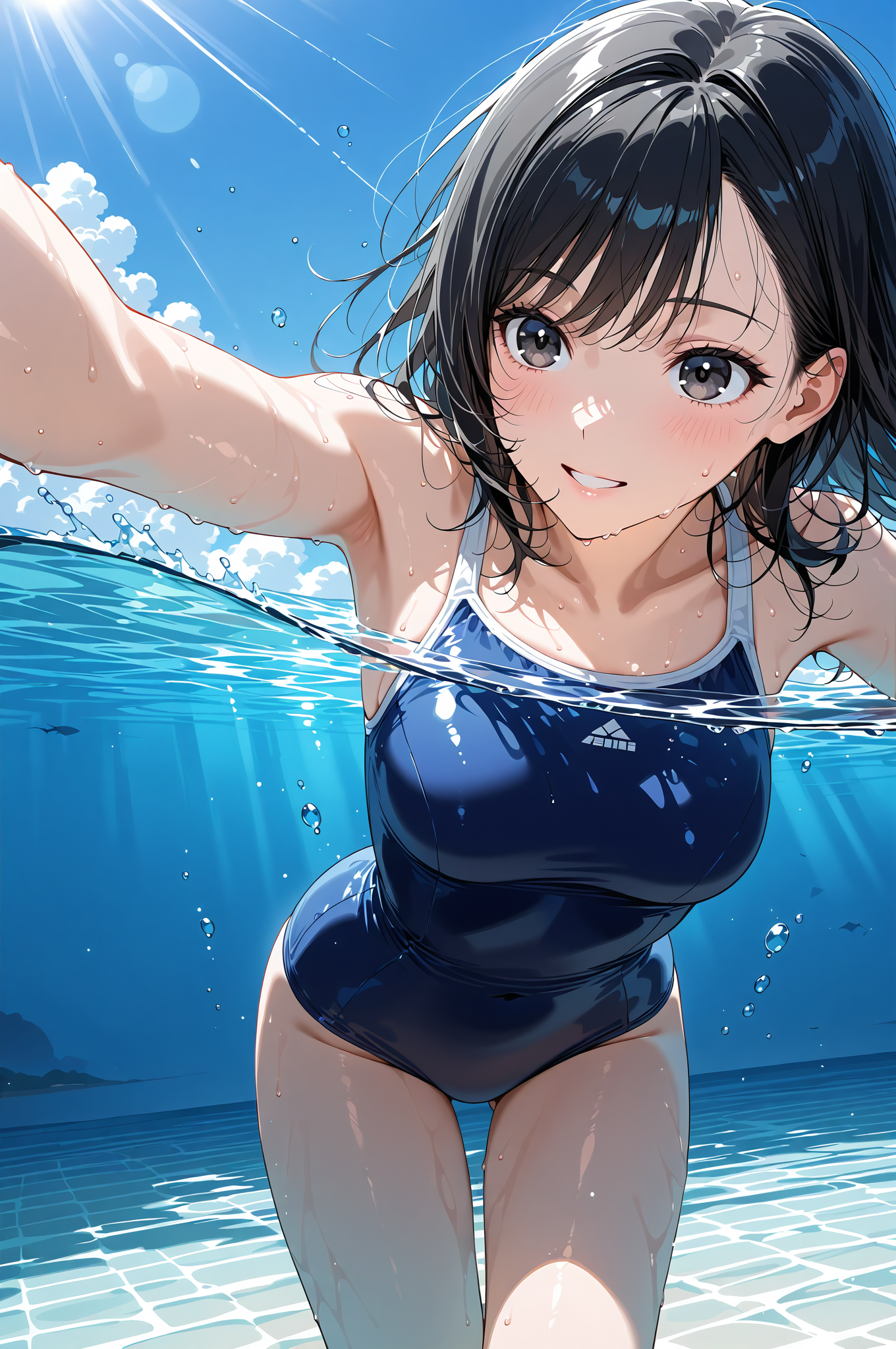 水中で微笑む黒髪美少女のアニメ風ポートレート #美少女 #アニメ調 #かわいい