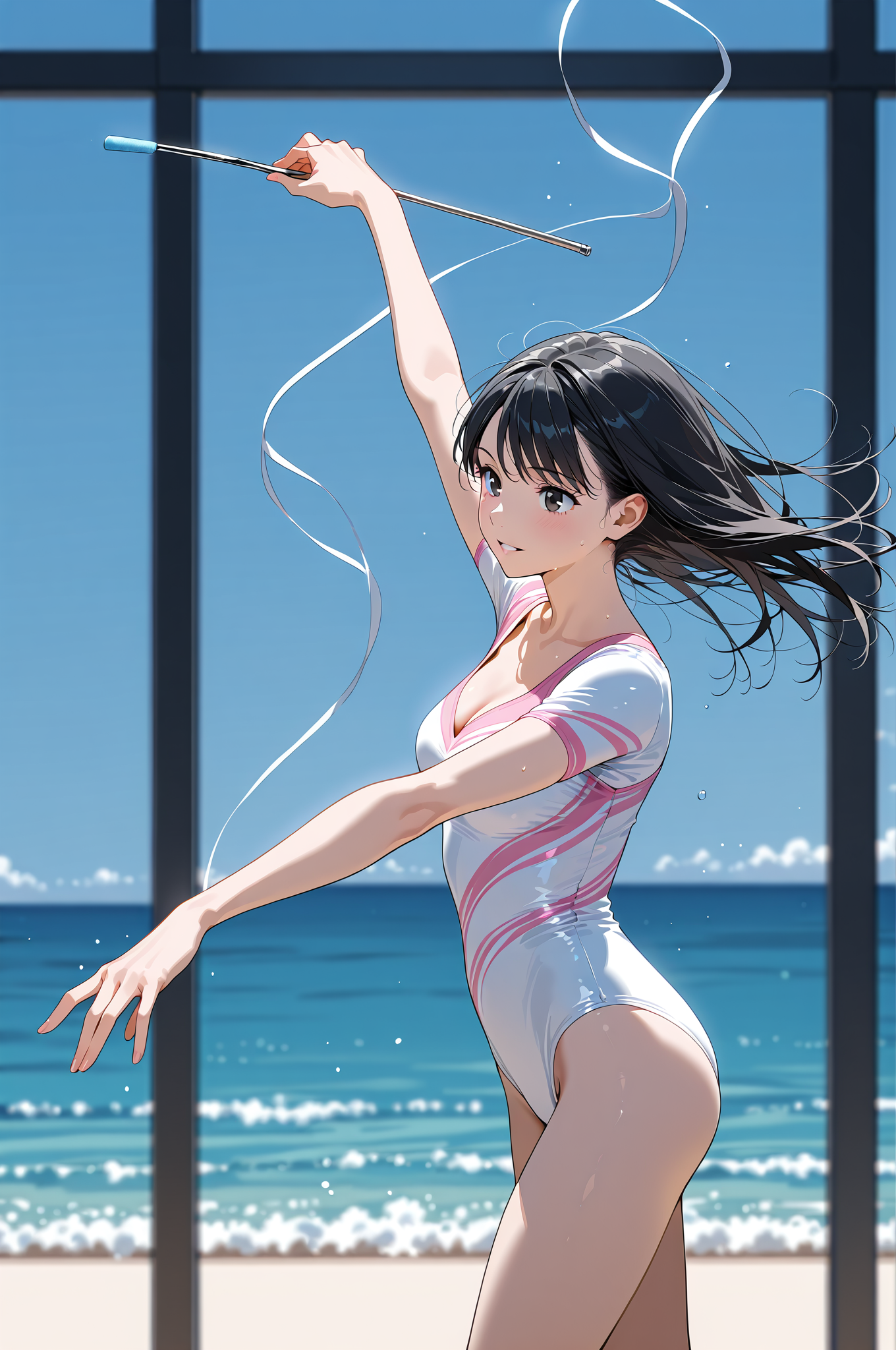 海辺の窓際で笑顔のアニメ調美少女 #美少女 #屋外 #自然