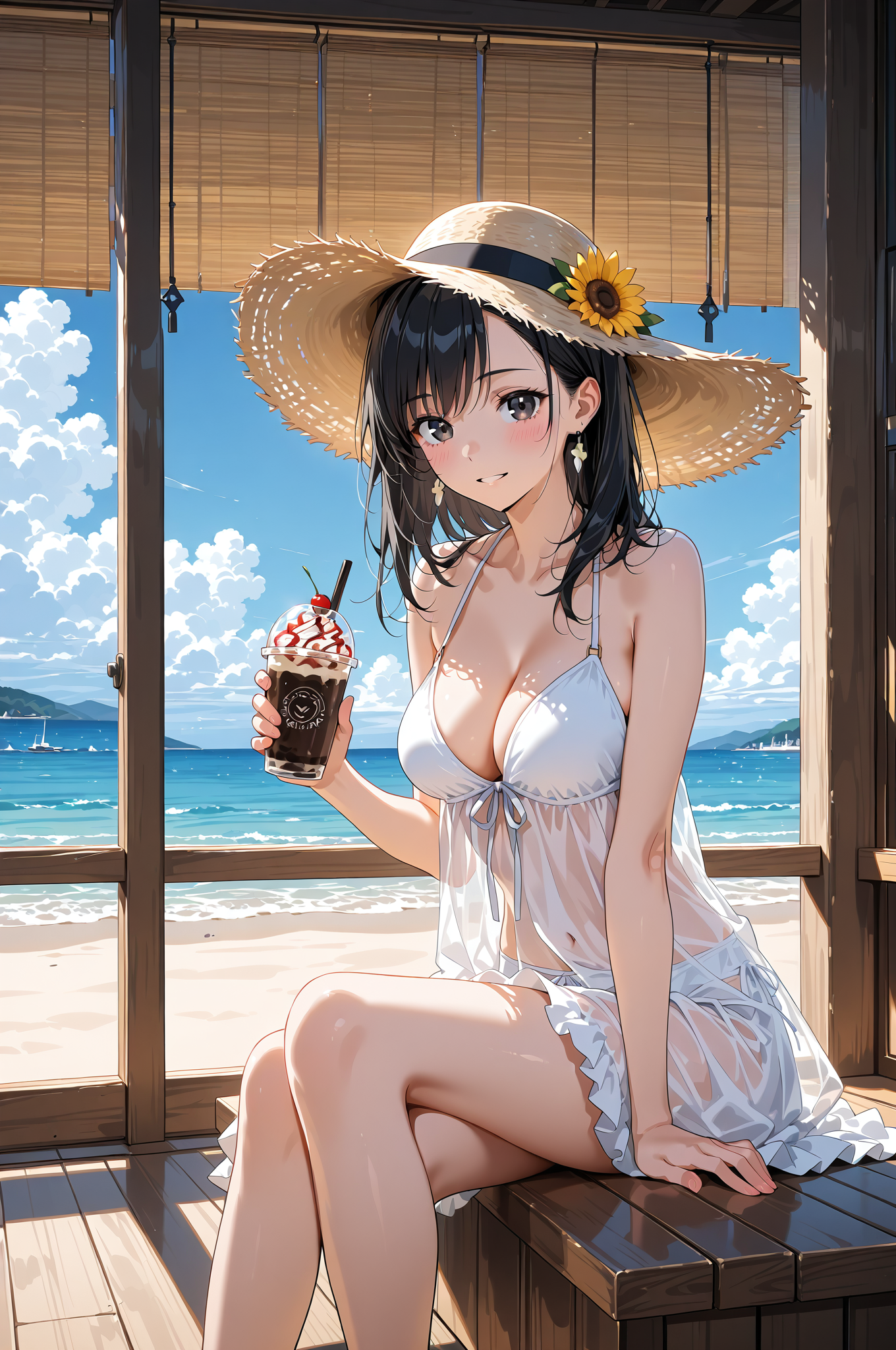 麦わら帽子とひまわり、夏の海辺のポートレート #美少女 #屋外 #帽子