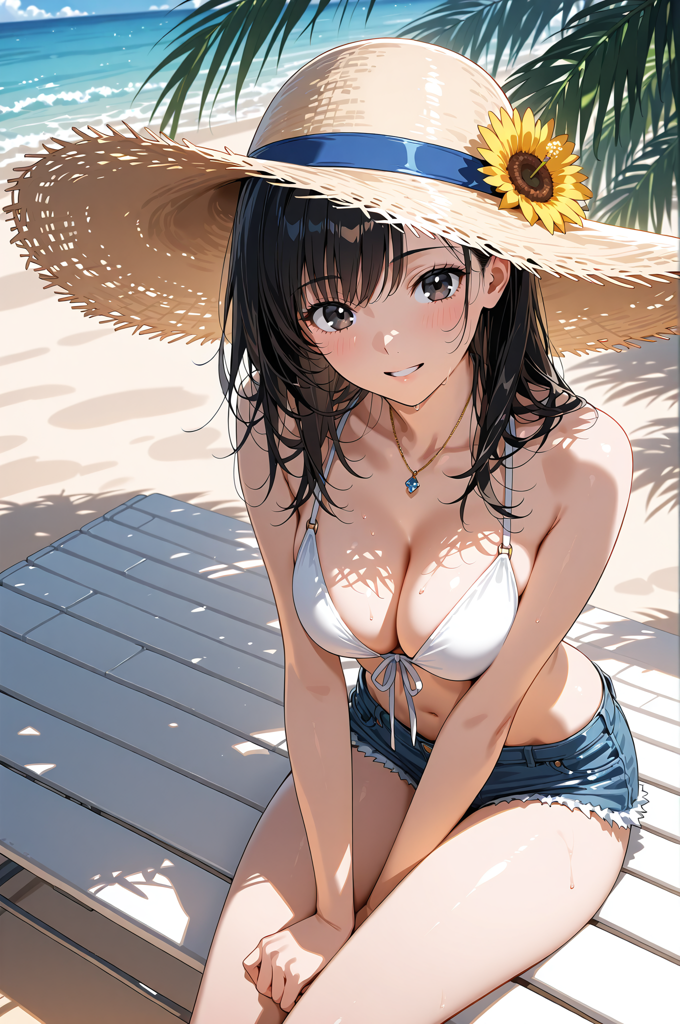 麦わら帽子とひまわりの浜辺ポートレート #美少女 #水着 #屋外