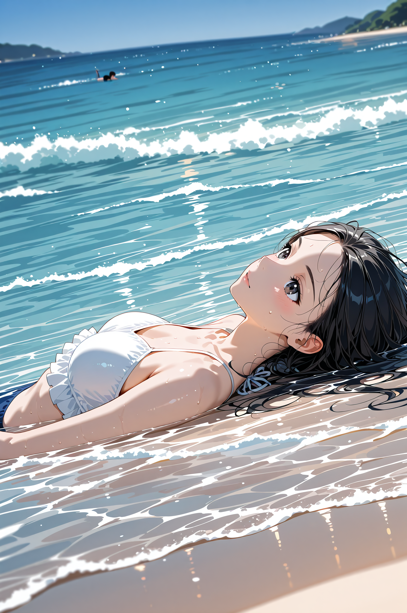 海辺で仰向けになる少女のアニメ調ポートレート #屋外 #水 #美少女