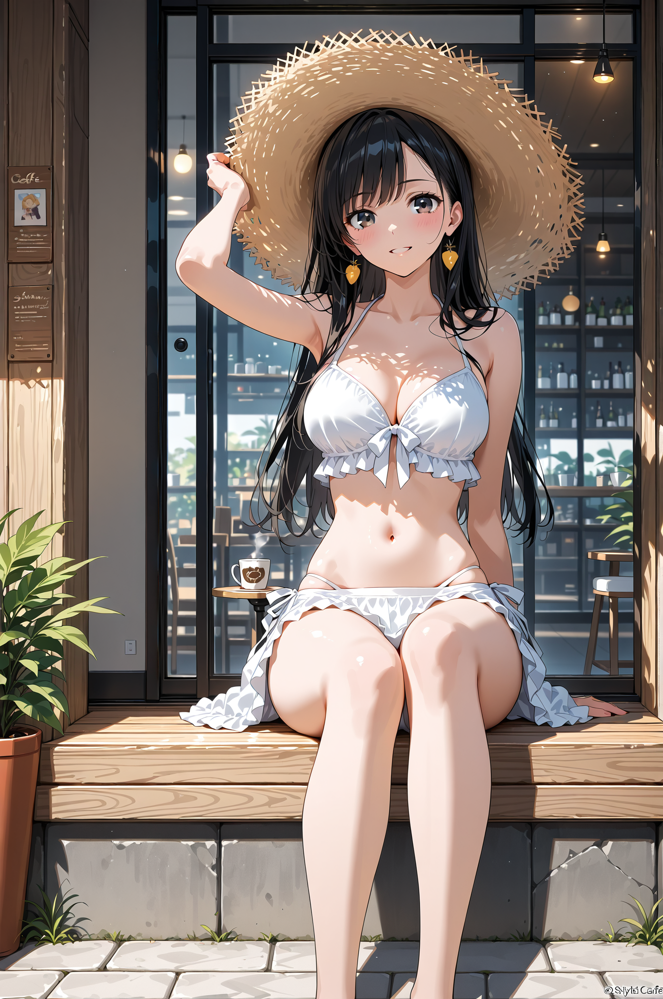 カフェテラスで麦わら帽子の美少女ポートレート #美少女 #ファッション #アクセサリー