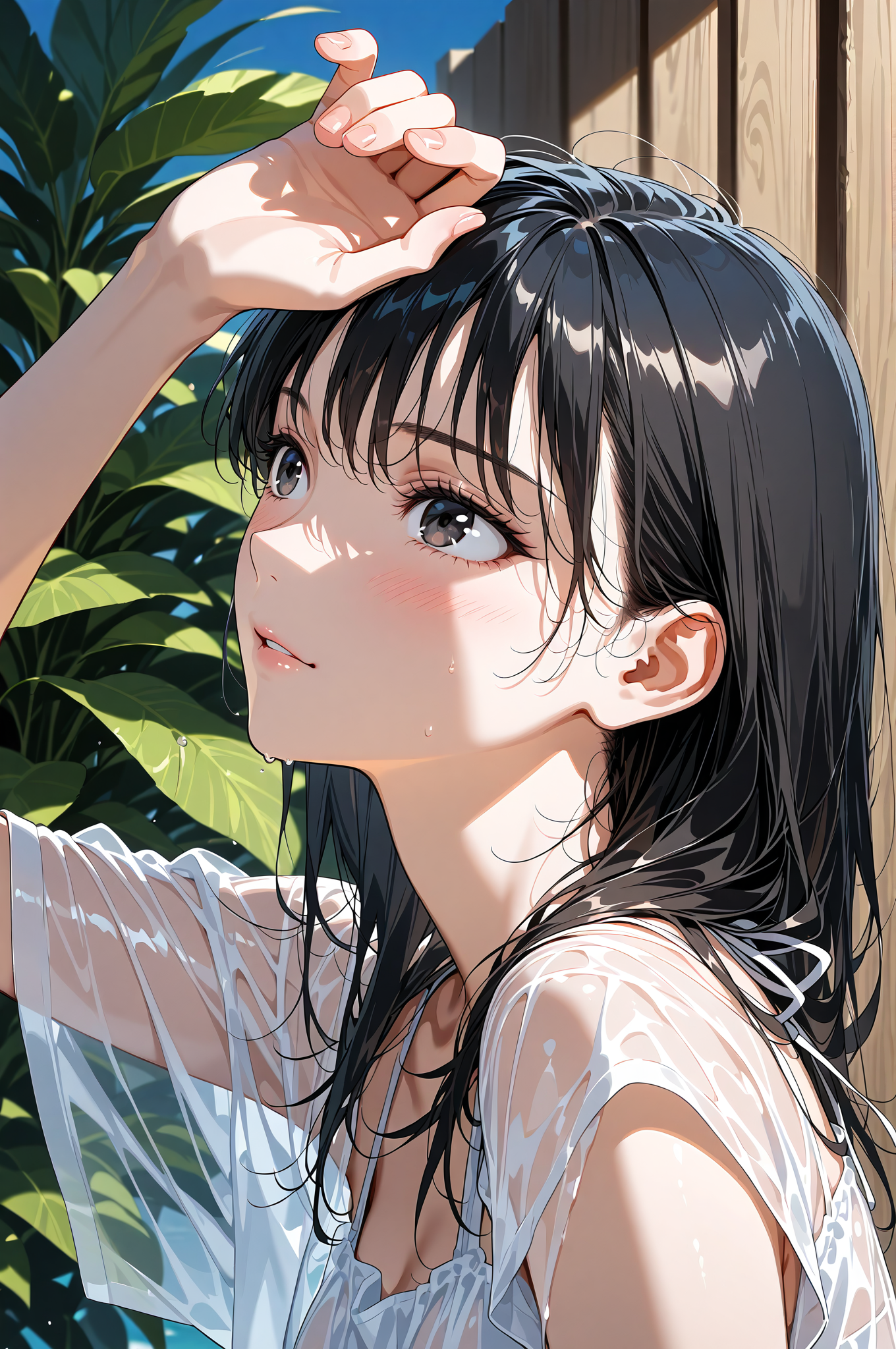 白シャツ姿で髪をかき上げる黒髪美少女 #美少女 #アニメ調 #笑顔
