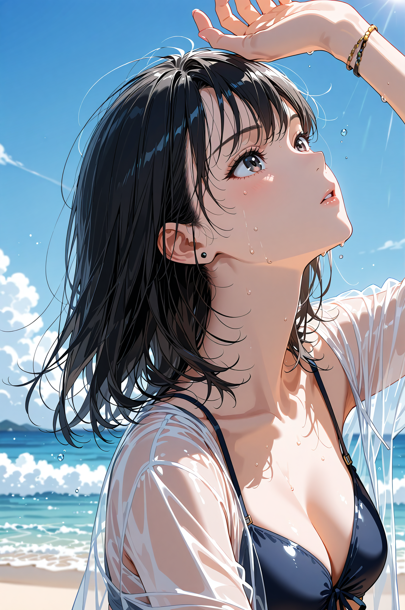 青空と海辺の黒髪美少女ポートレート #美少女 #アニメ調 #空