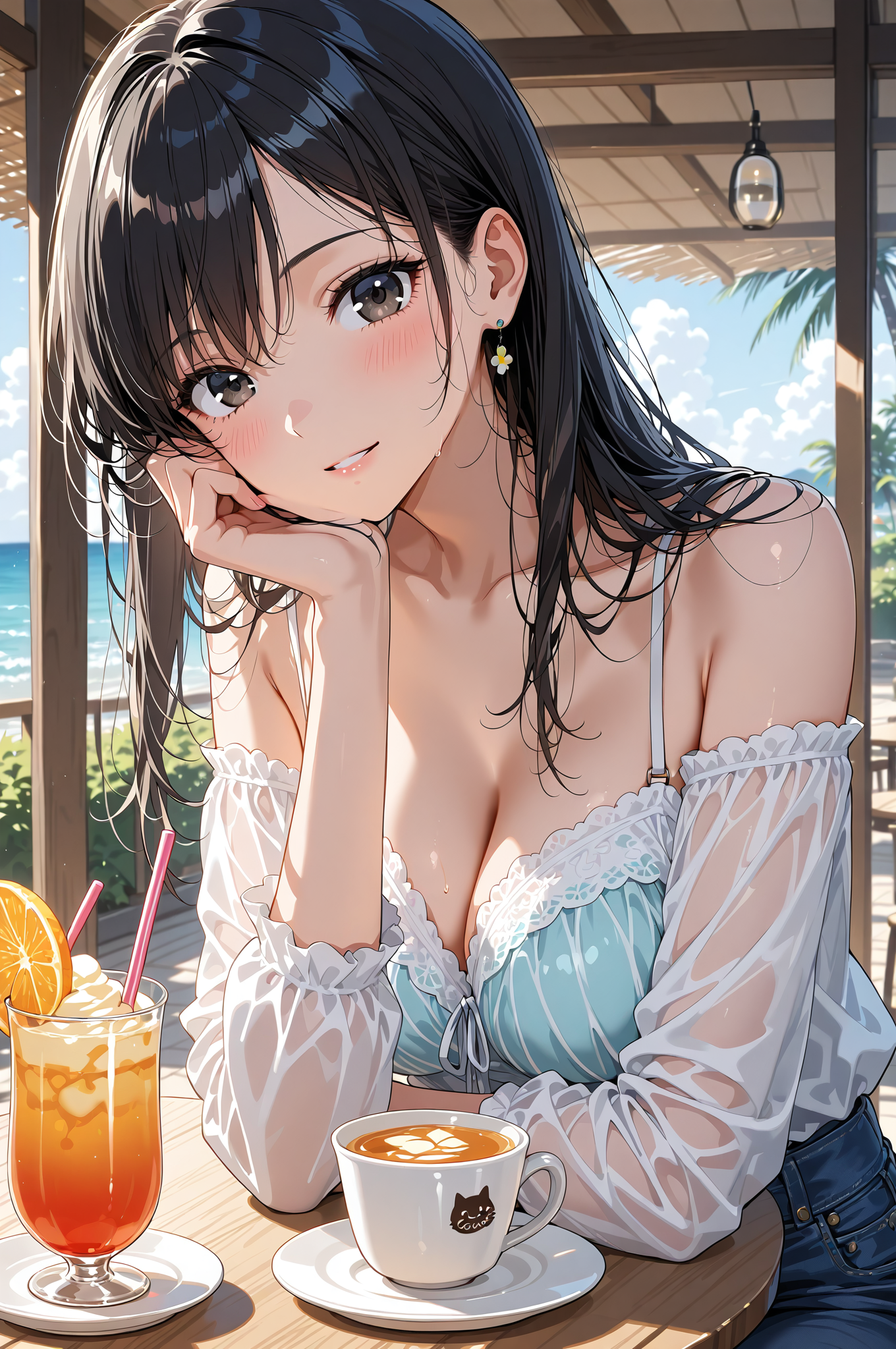 海辺のカフェでくつろぐ黒髪美少女のポートレート #美少女 #ドリンク #カフェ