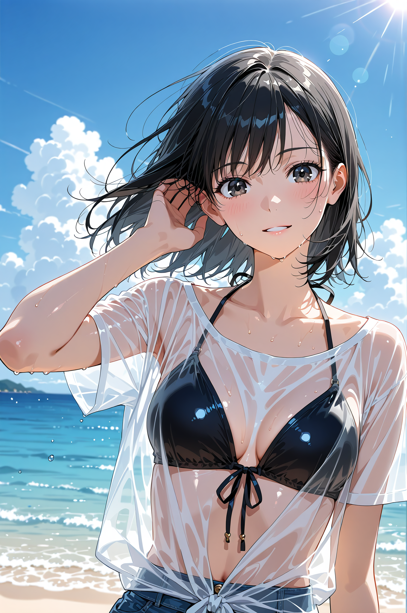 青空と海に映える笑顔のポートレート #美少女 #アニメ調 #屋外