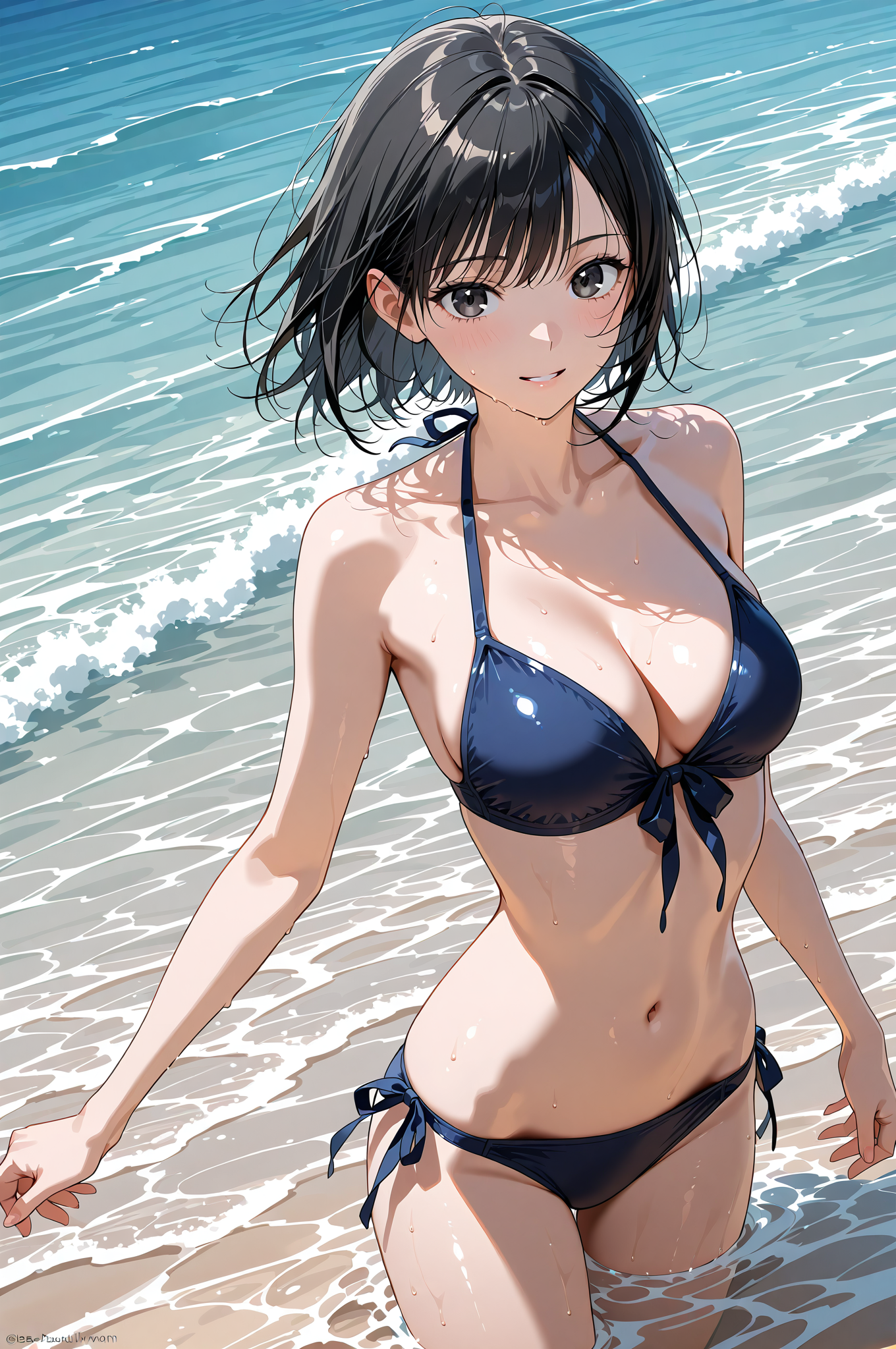 波打つ海辺のビキニ姿、清涼感あふれるアニメ調美少女 #水着 #ビキニ #屋外