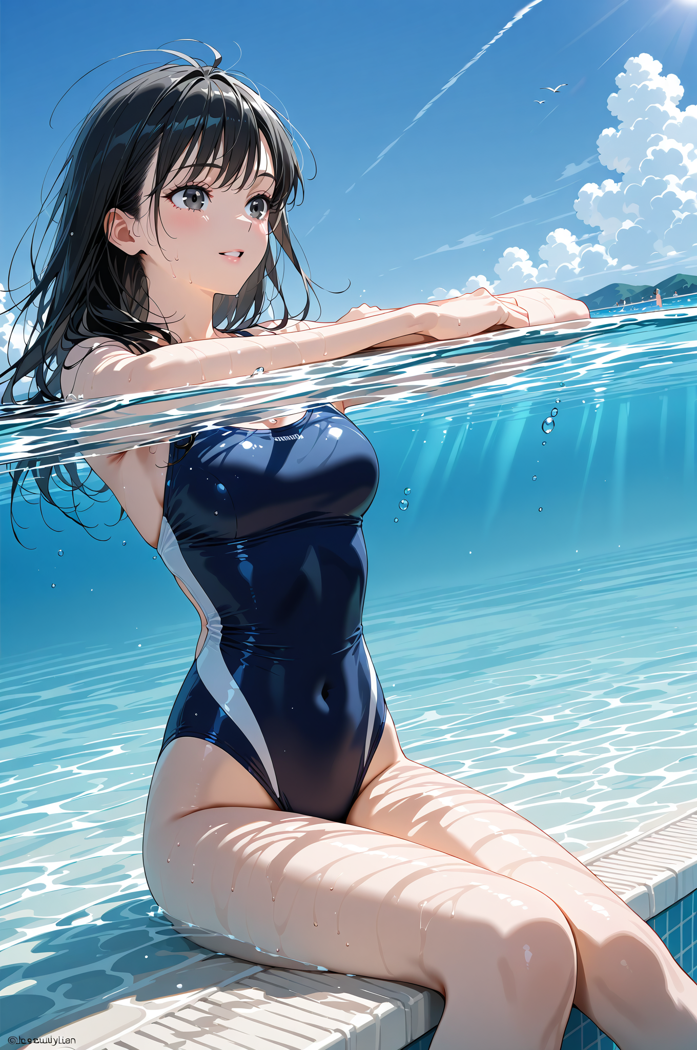 夏の青い海でくつろぐ黒髪の少女 #美少女 #屋外 #青空