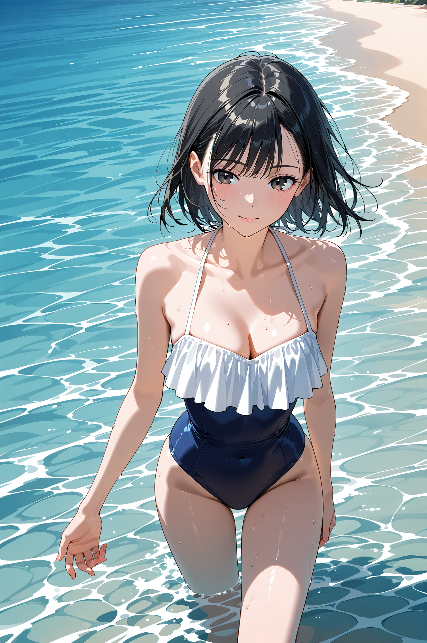 海辺の白い水着姿、黒髪ショートの微笑み #美少女 #水着 #笑顔