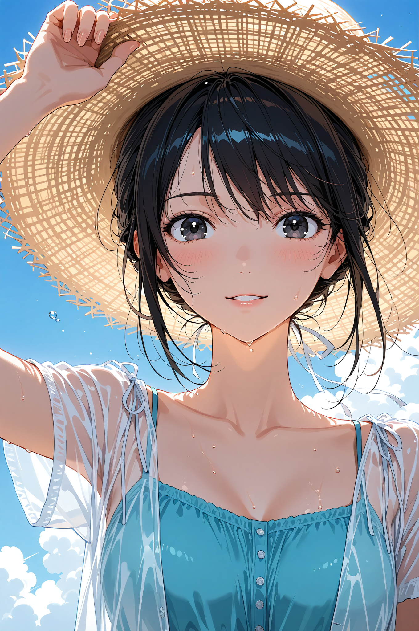 麦わら帽子を被った黒髪の少女、爽やかな夏の笑顔 #美少女 #アニメ調 #麦わら帽子