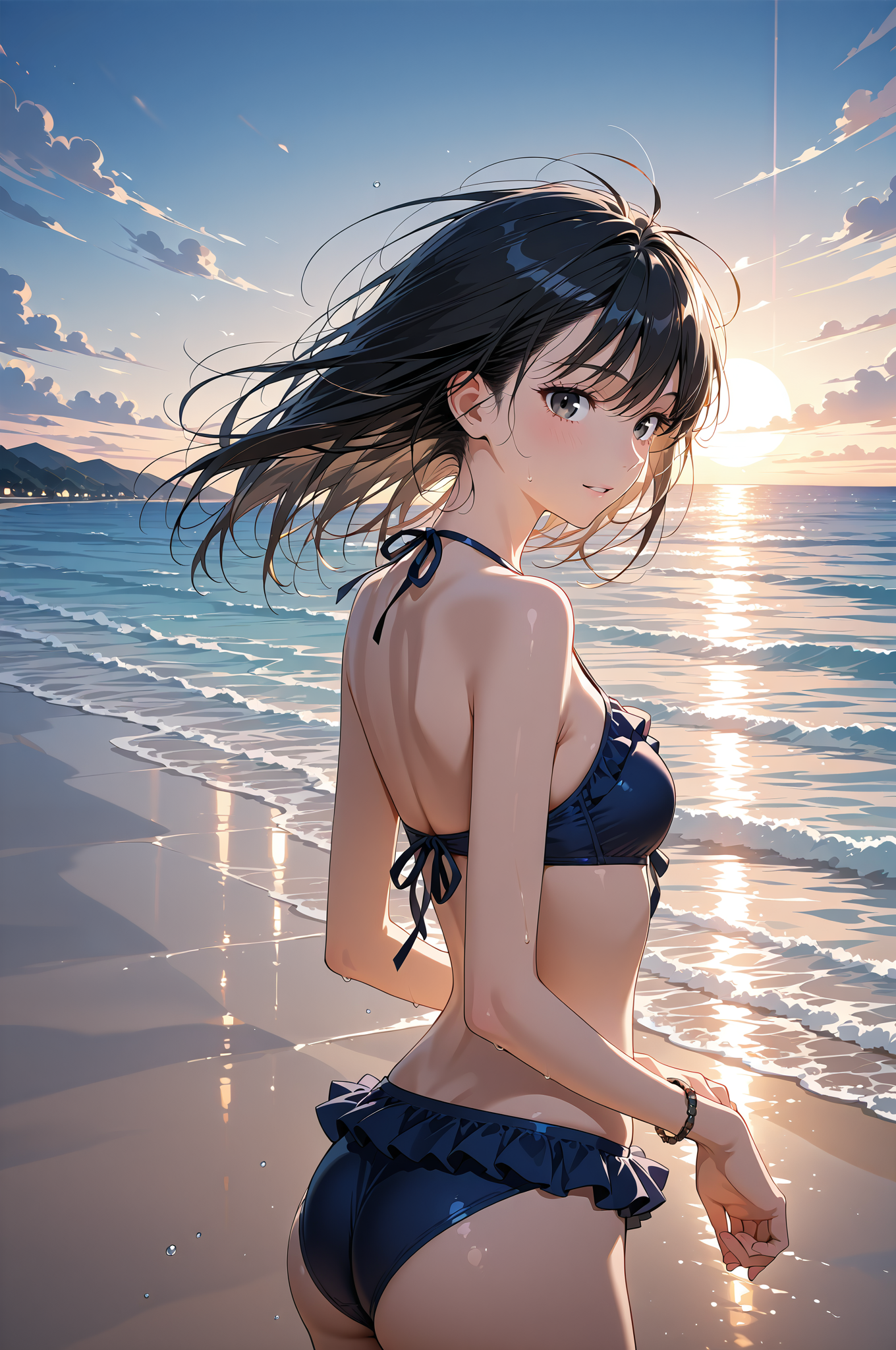 黒髪なびく海辺の夕暮れポートレート #美少女 #屋外 #空