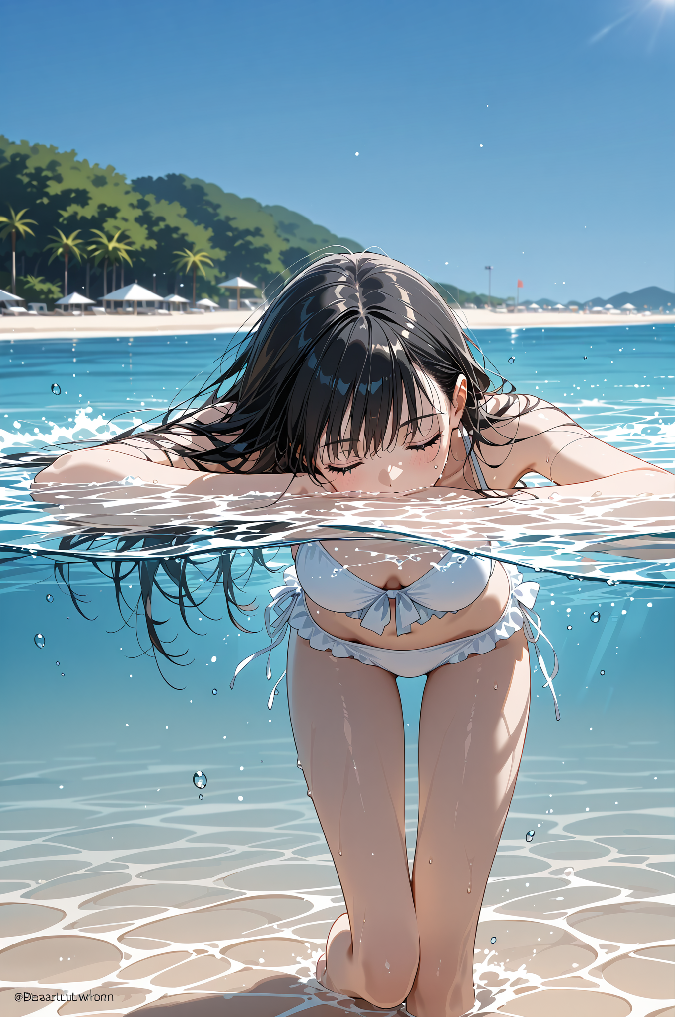 青い海で涼む黒髪の少女 #屋外 #空 #水