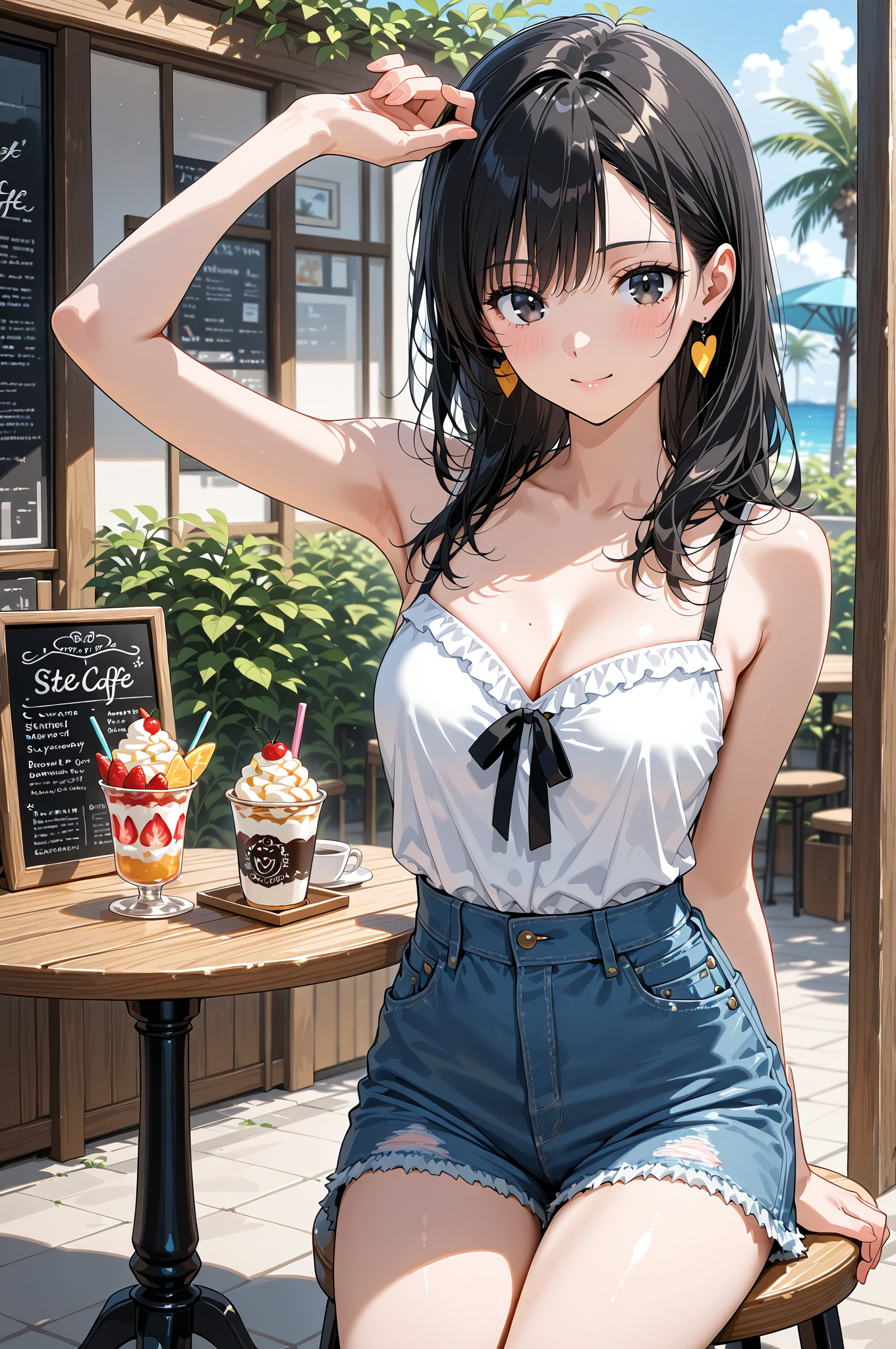 カフェテラスでリラックスする黒髪の少女 #美少女 #アニメ #衣装