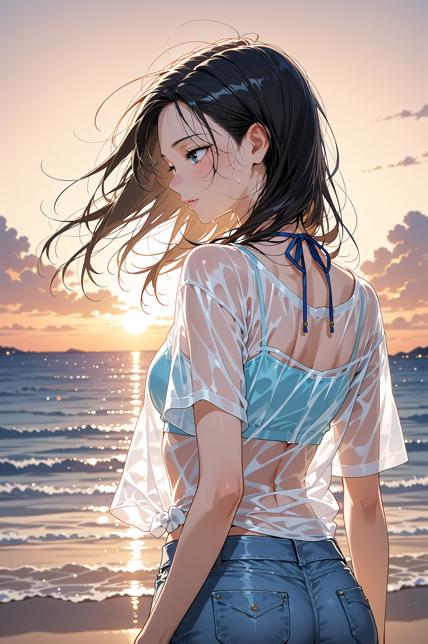 夕焼け海で髪なびく清楚系ポートレート #美少女 #アニメ #屋外