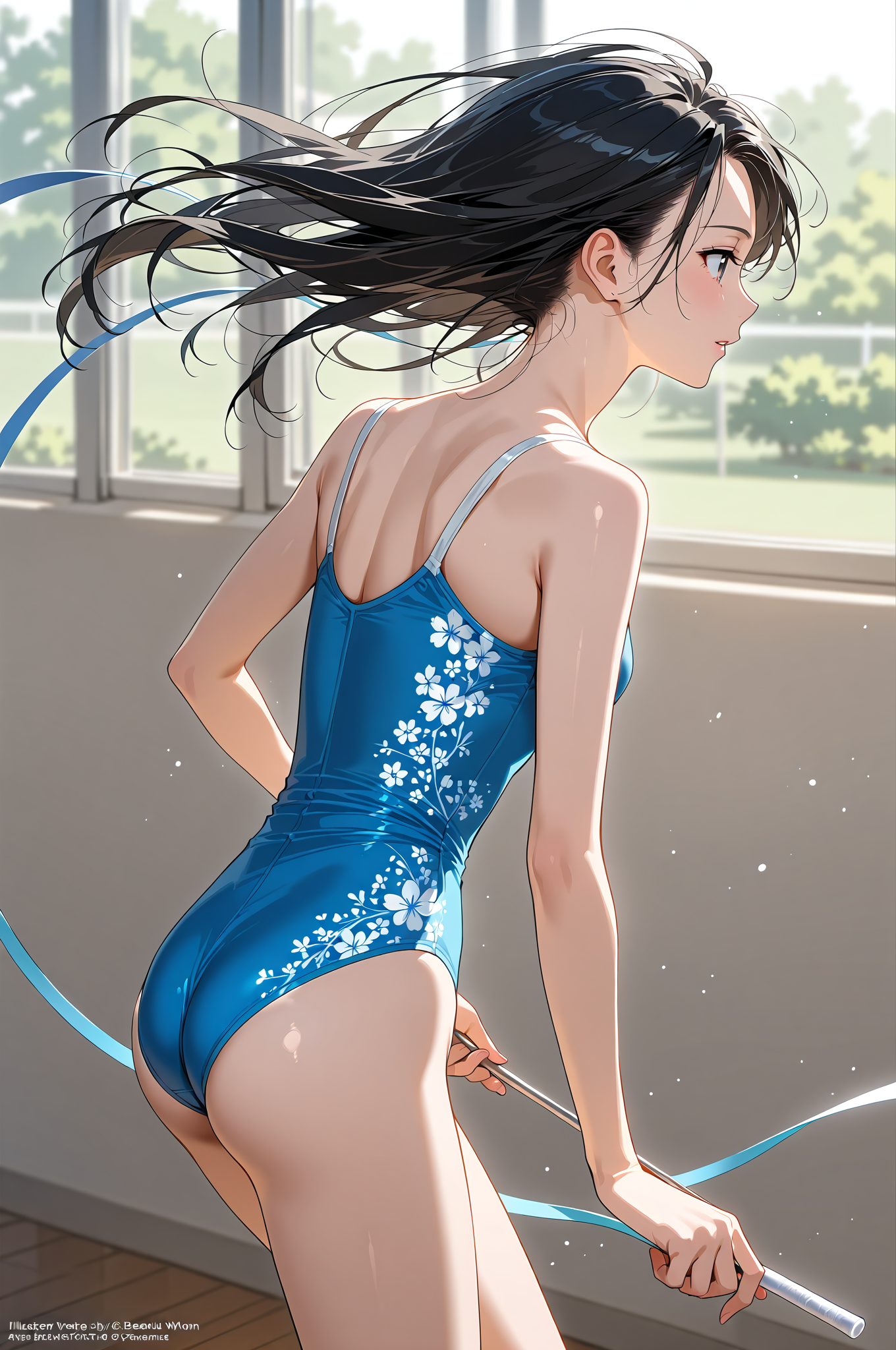 青い花柄水着の横顔ポートレート #美少女 #アニメ調 #清楚