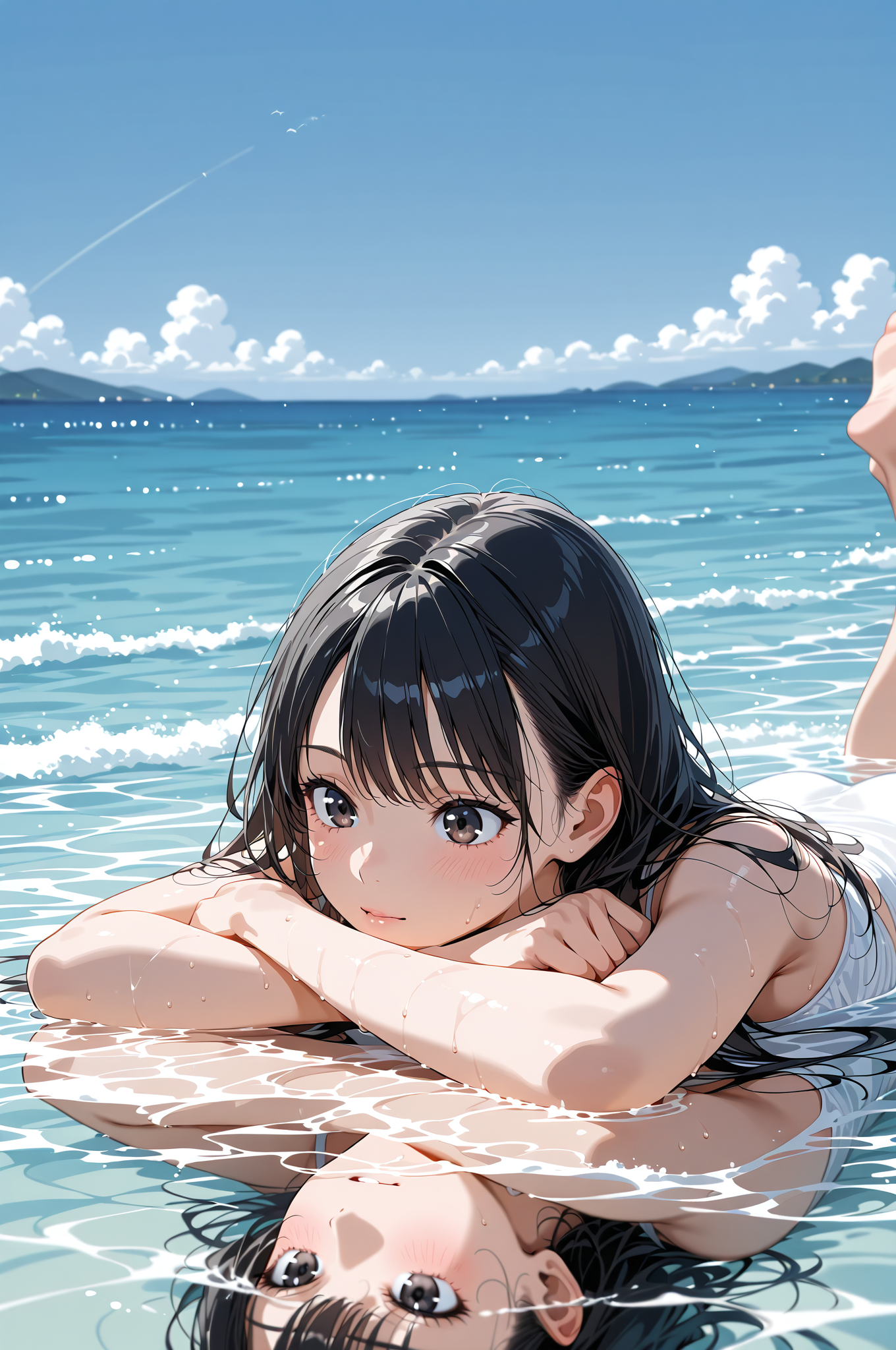 海で笑う黒髪の少女、爽やかな夏の風景 #美少女 #屋外 #空