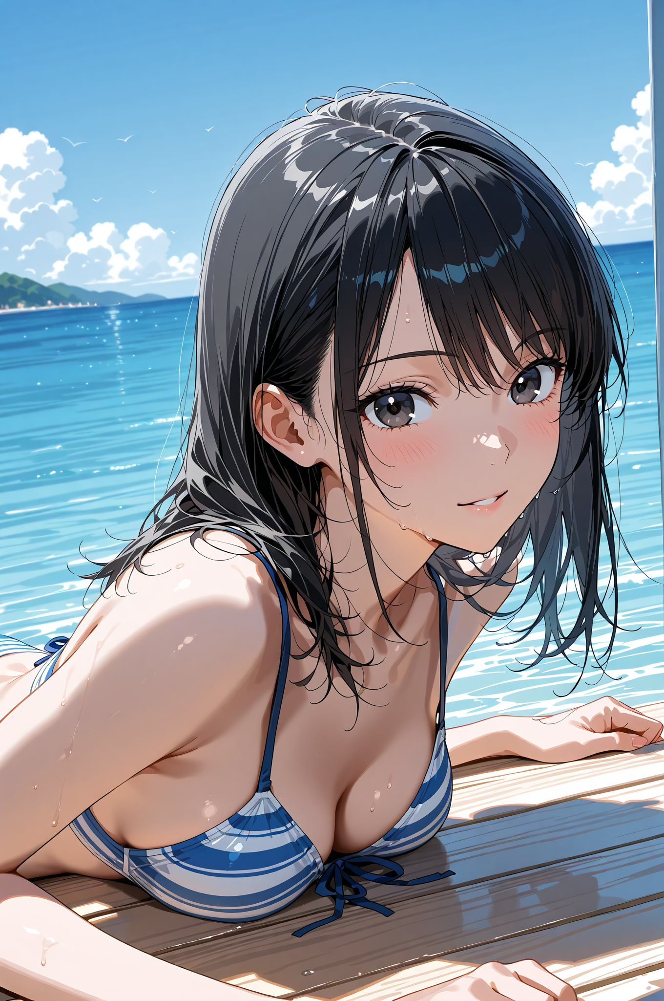 海辺のポートレート、黒髪と青空 #美少女 #アニメ調 #屋外