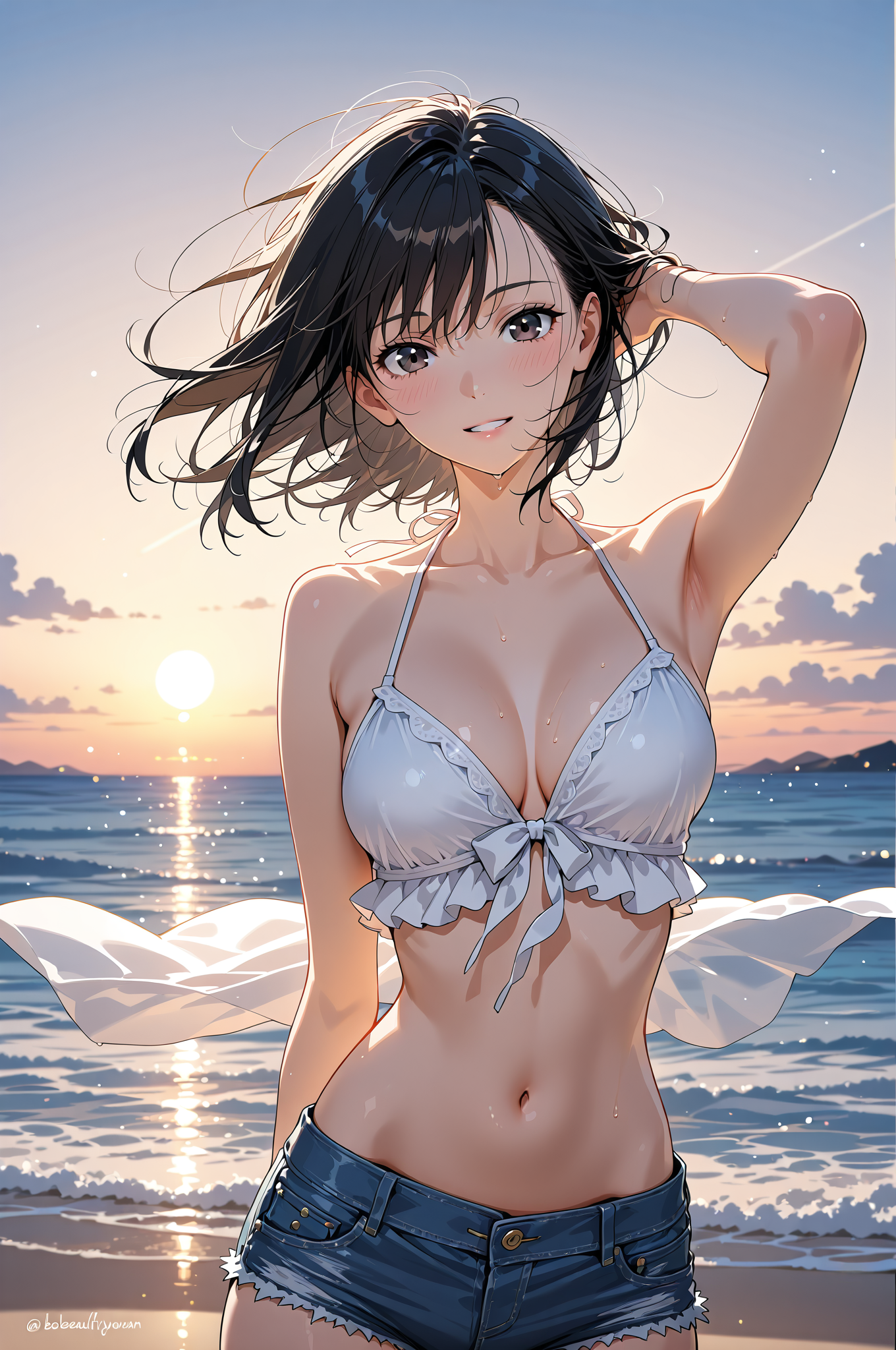 夕焼けビーチのポートレートイラスト #美少女 #屋外 #モデル
