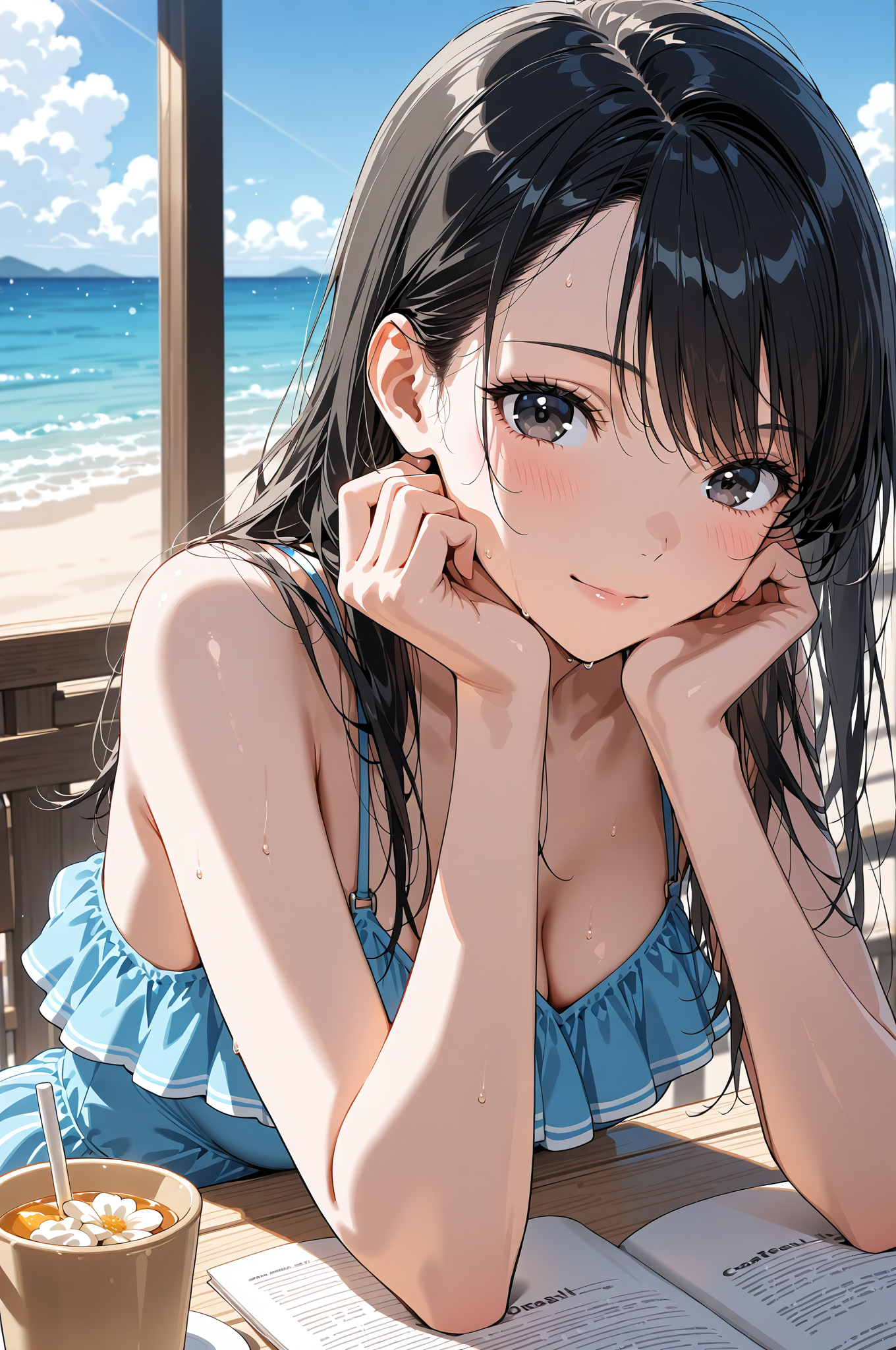 海辺のテラスで寛ぐ黒髪の美少女 #美少女 #アニメ #青空