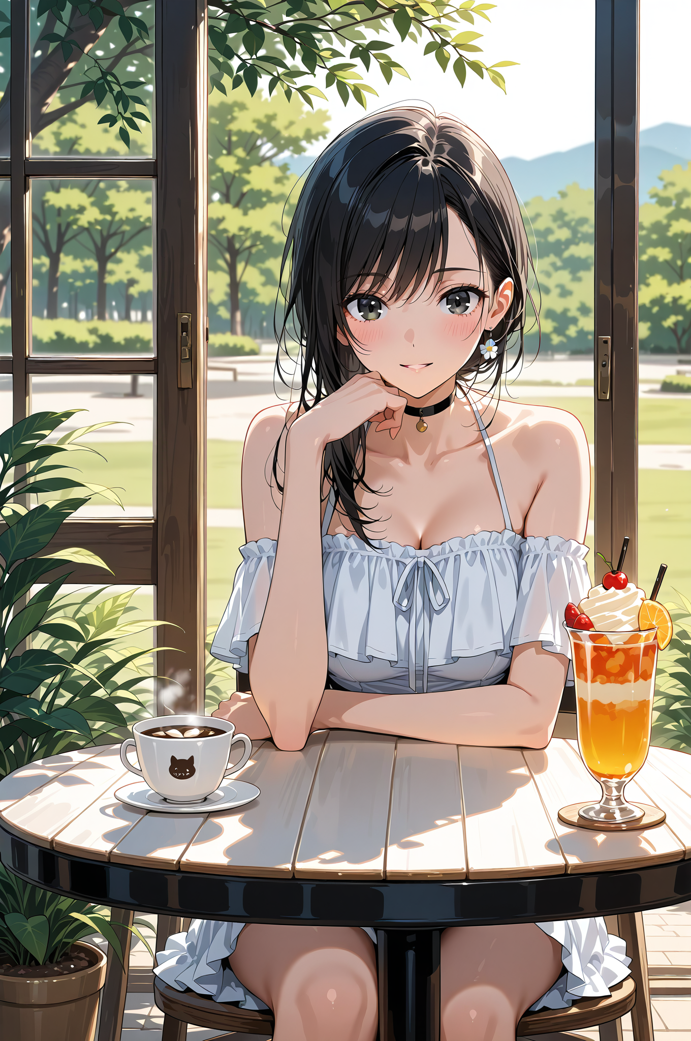 窓辺のカフェタイム、黒髪美少女のポートレート #美少女 #飲み物 #笑顔