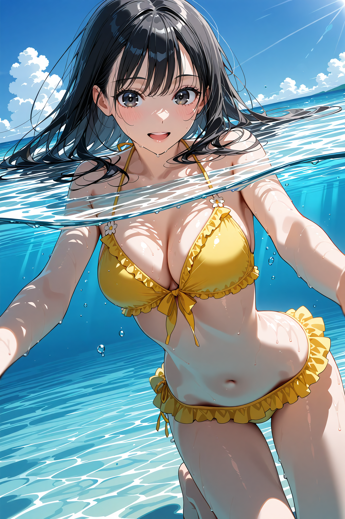 夏の青い海で輝く黒髪美少女のポートレート #アニメ調 #美少女 #キャラクター