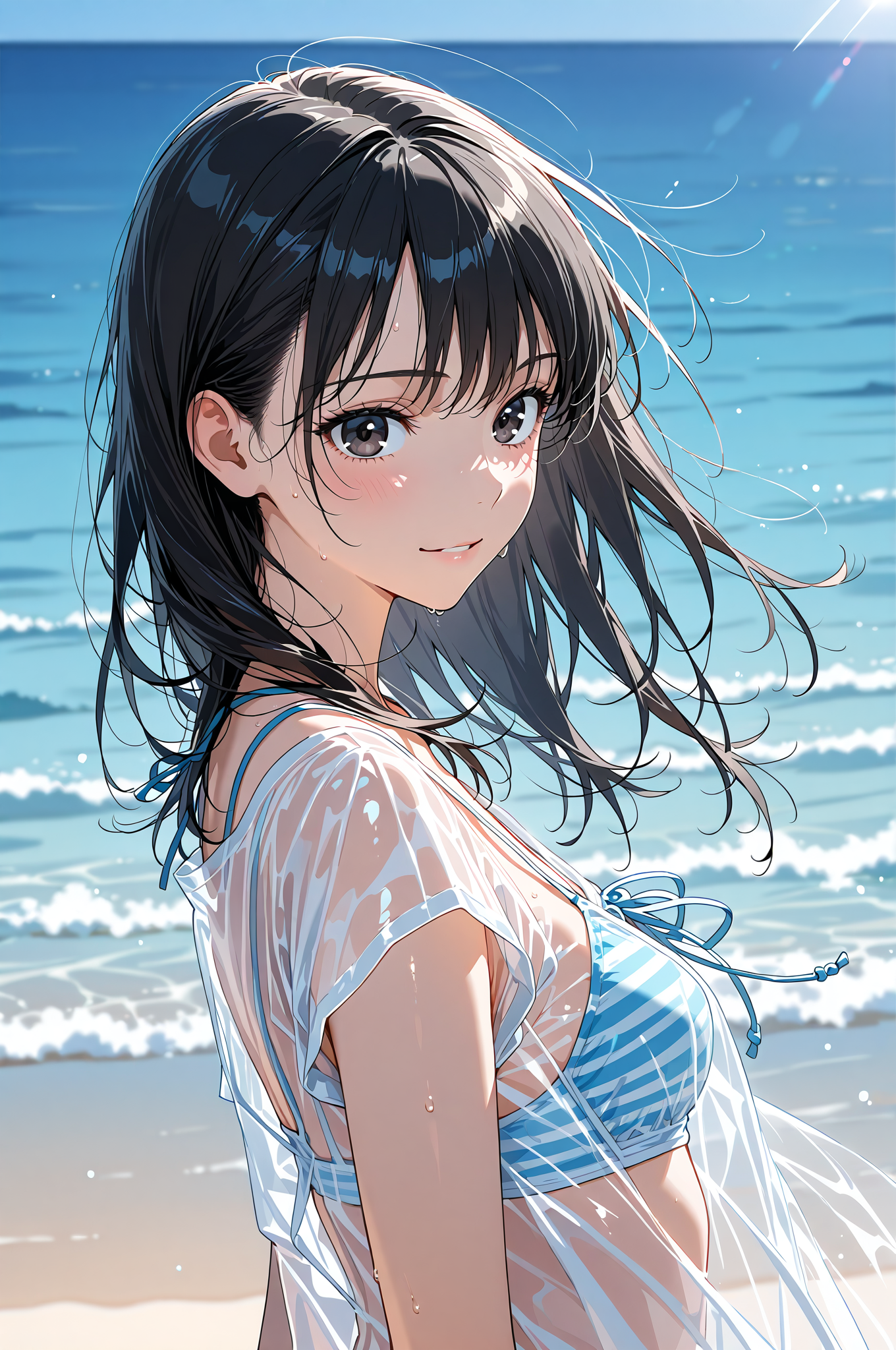 海辺で振り返る黒髪少女のポートレート #美少女 #アニメ #かわいい